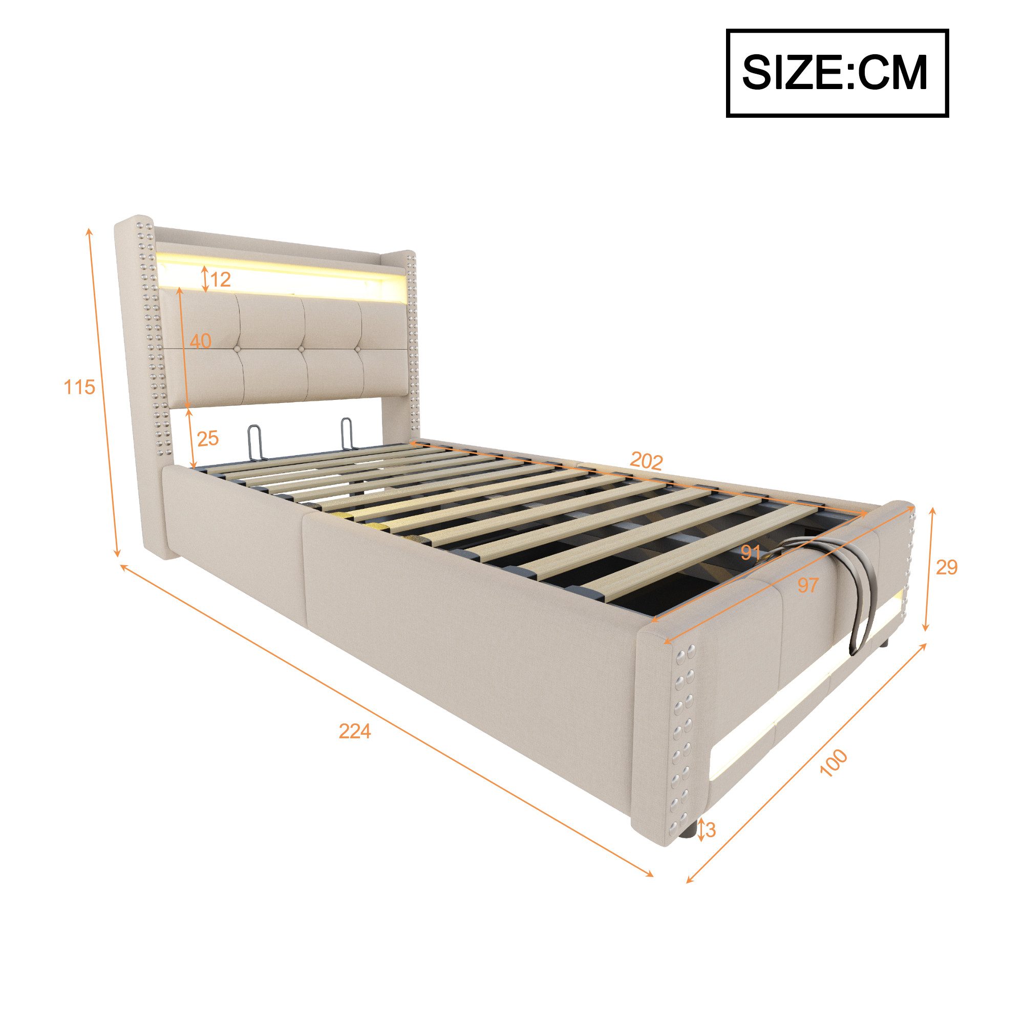 Flieks Polsterbett, LED Hydraulisches Stauraumbett Einzelbett 90x200cm mit günstig online kaufen