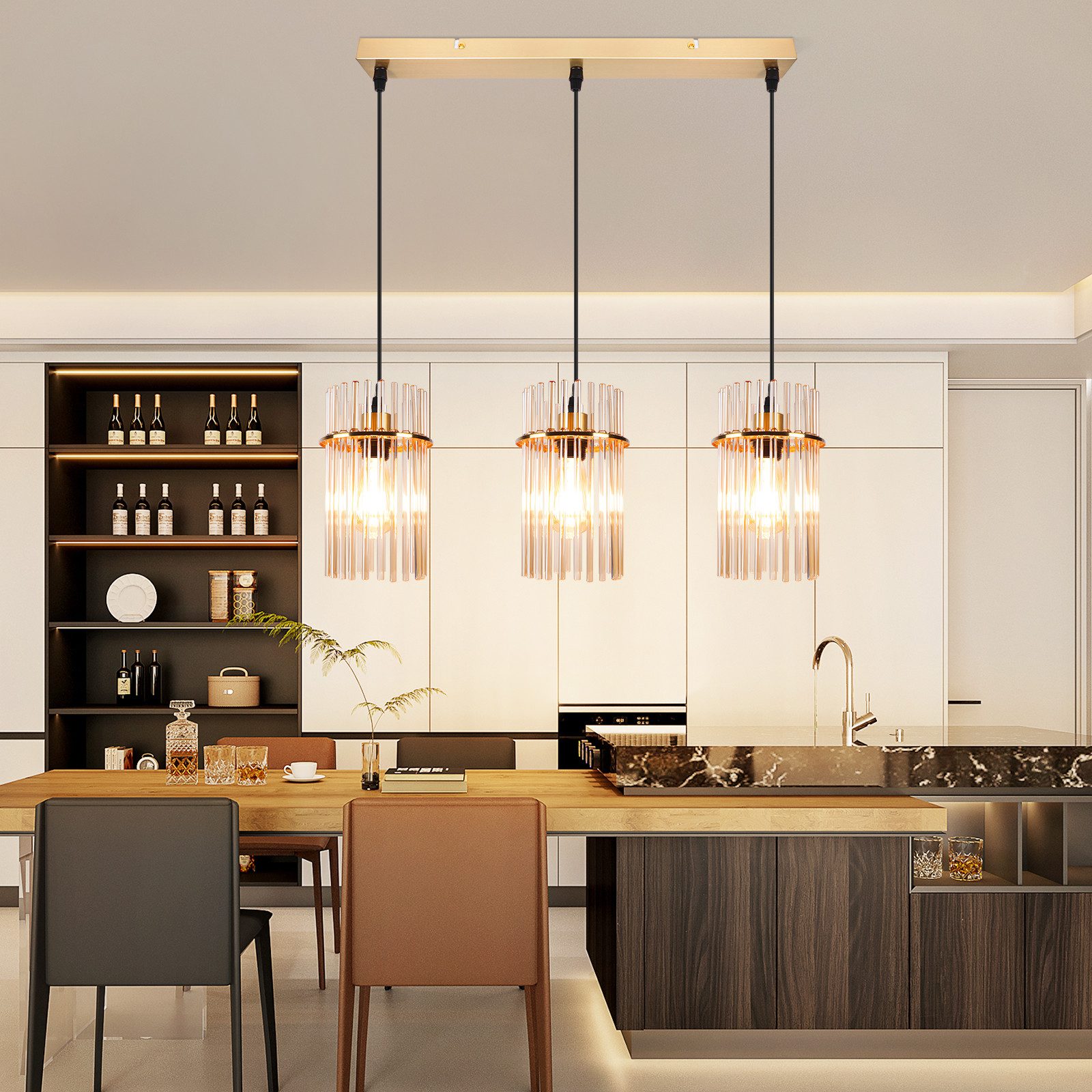 ZMH Pendelleuchte Esstisch Hängelampe 2/3/5 Flammig mit Glas & Metall E27, ohne Leuchtmittel, moderne Pendelleuchte höhenverstellbar für Esszimmer Bar, Hotel