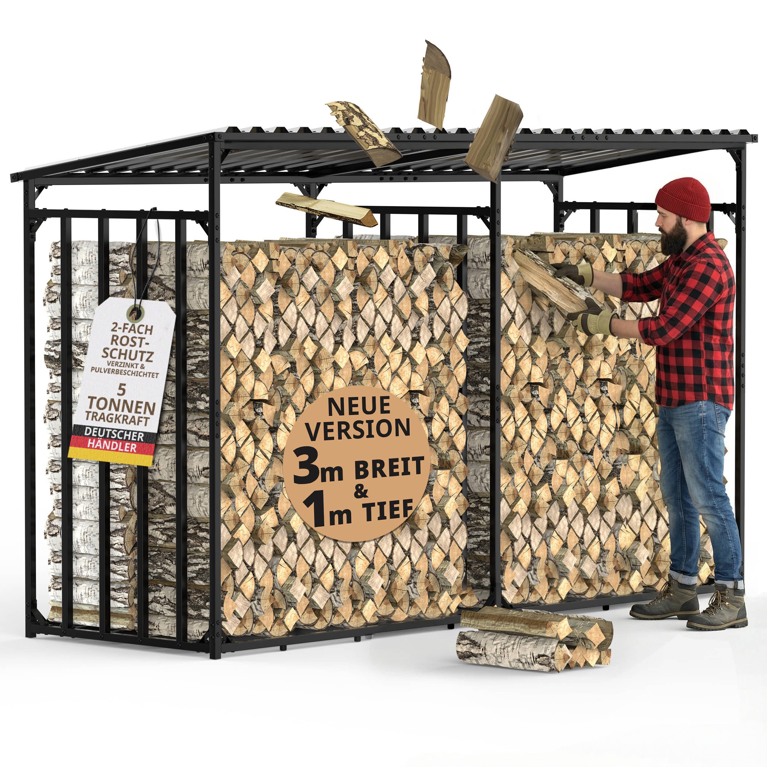 LAWA Living and Lifestyle Kaminholzregal außen mit Dach Metall Abdeckung 1m XXL Brennholz Unterstand Outdoor, BxTxH:300.00x105.00x185.00 cm, verzinkt, wetterfest, anthrazit