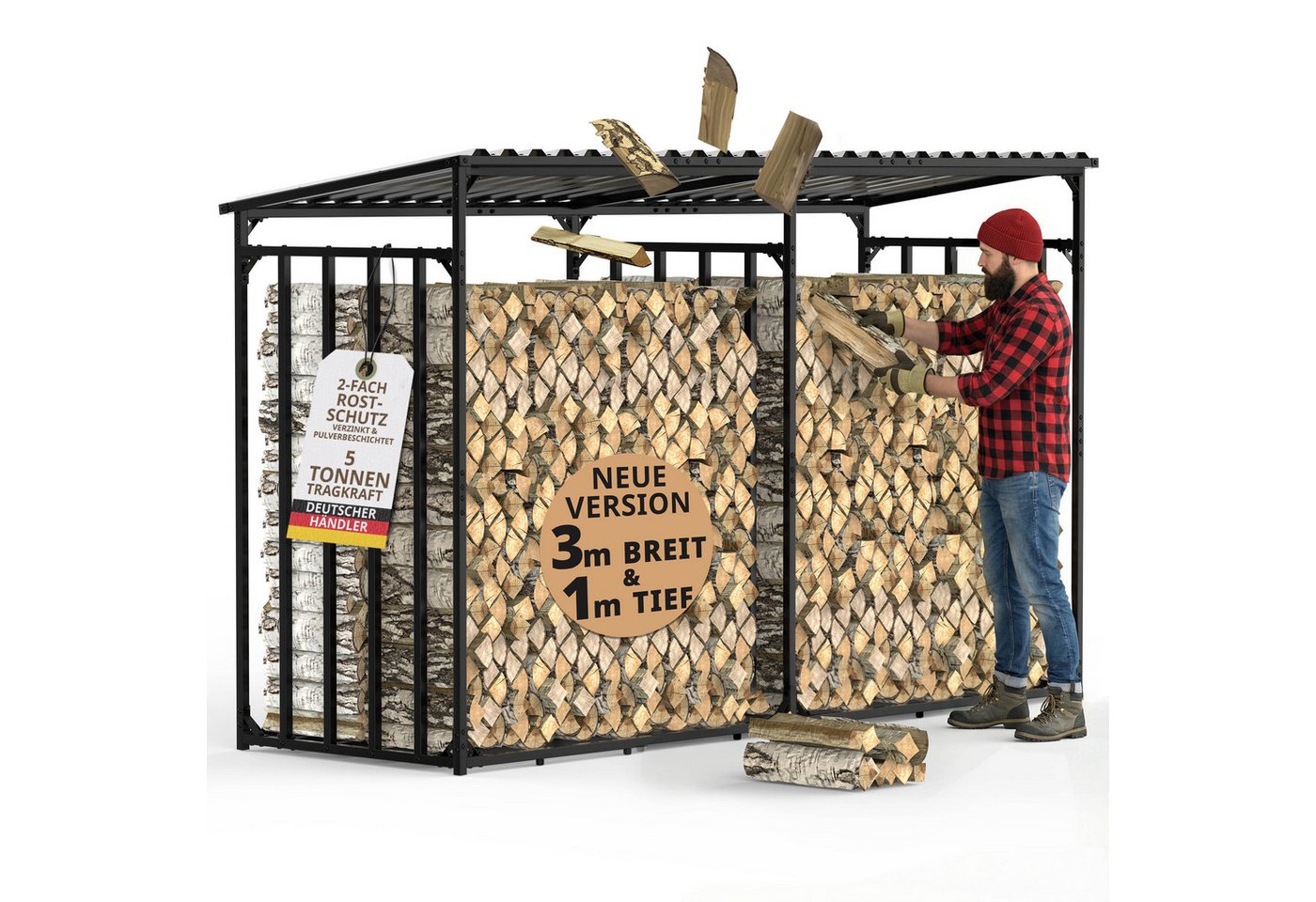 LAWA Living and Lifestyle Kaminholzregal außen mit Dach Metall Abdeckung 1m XXL Brennholz Unterstand Outdoor, BxTxH:300.00x105.00x185.00 cm, verzinkt, wetterfest, anthrazit