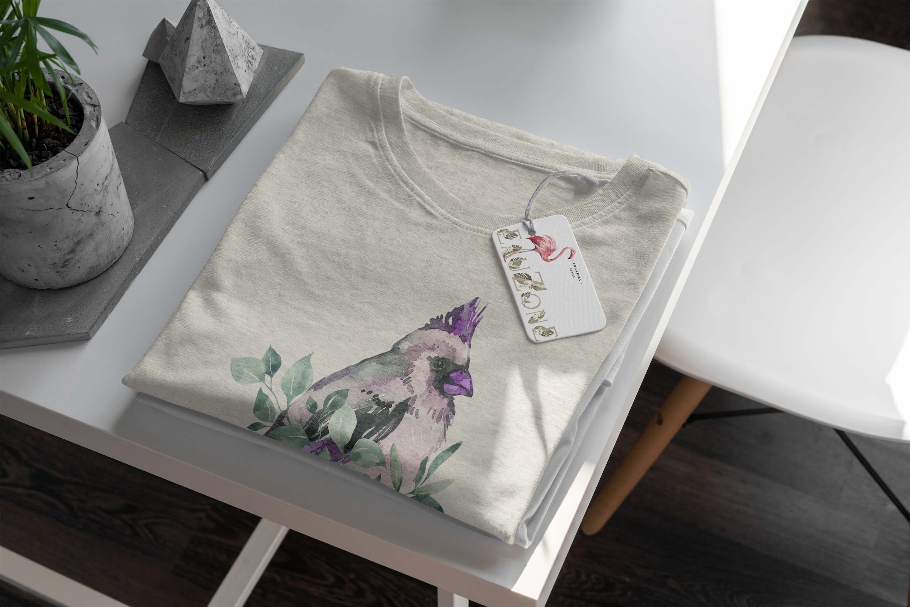 Farbe Bio-Baumwolle Blumen Nachhaltig T-Shirt T-Shirt (1-tlg) Motiv Organic Shirt Art Herren Vogel Ökomode Aquarell Sinus