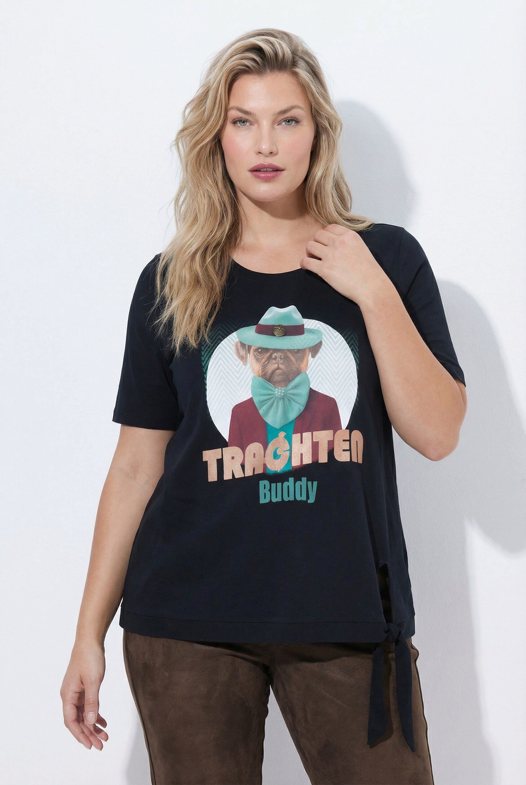 Ulla Popken T-Shirt T-Shirt Mops Classic V-Ausschnitt Halbarm Saumband