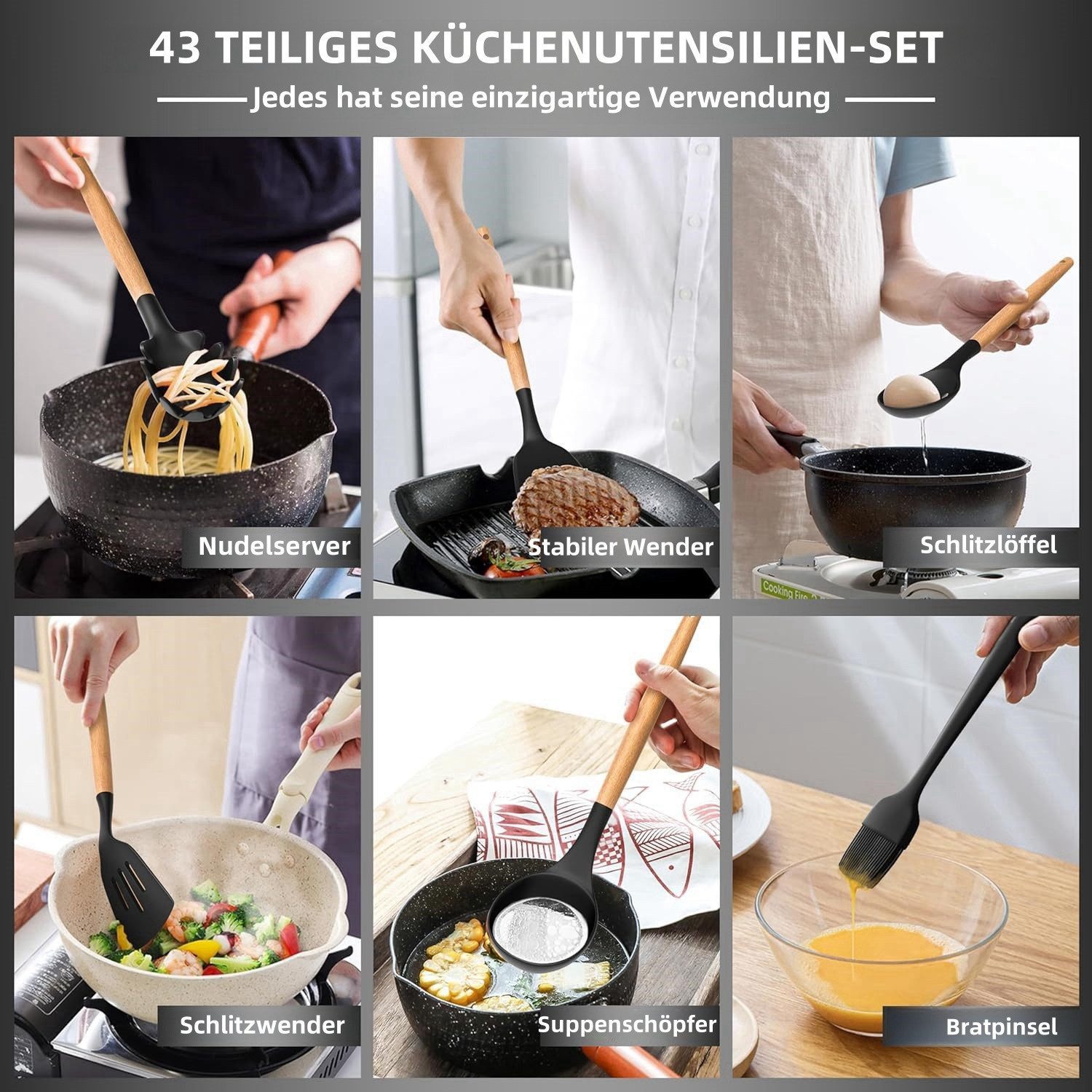 YMQHBS Kochbesteck-Set Küchenutensilien Set (43-tlg), Beste Küchenutensilien mit Halter (Set, 43-tlg., Löffel, Pfannenwender, Nudelportionierer, Pizzarädchen, Reibe), Tortenstreicher,Messbecher,Fettpinsel,Backofenhandschuh,Haken