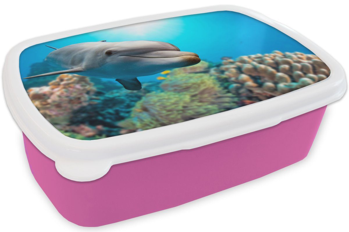 Mädchen, Erwachsene, für - Kinder, Brotbox Koralle, Meer - Snackbox, Brotdose Kunststoff, (2-tlg), MuchoWow rosa Kunststoff Lunchbox Delfin