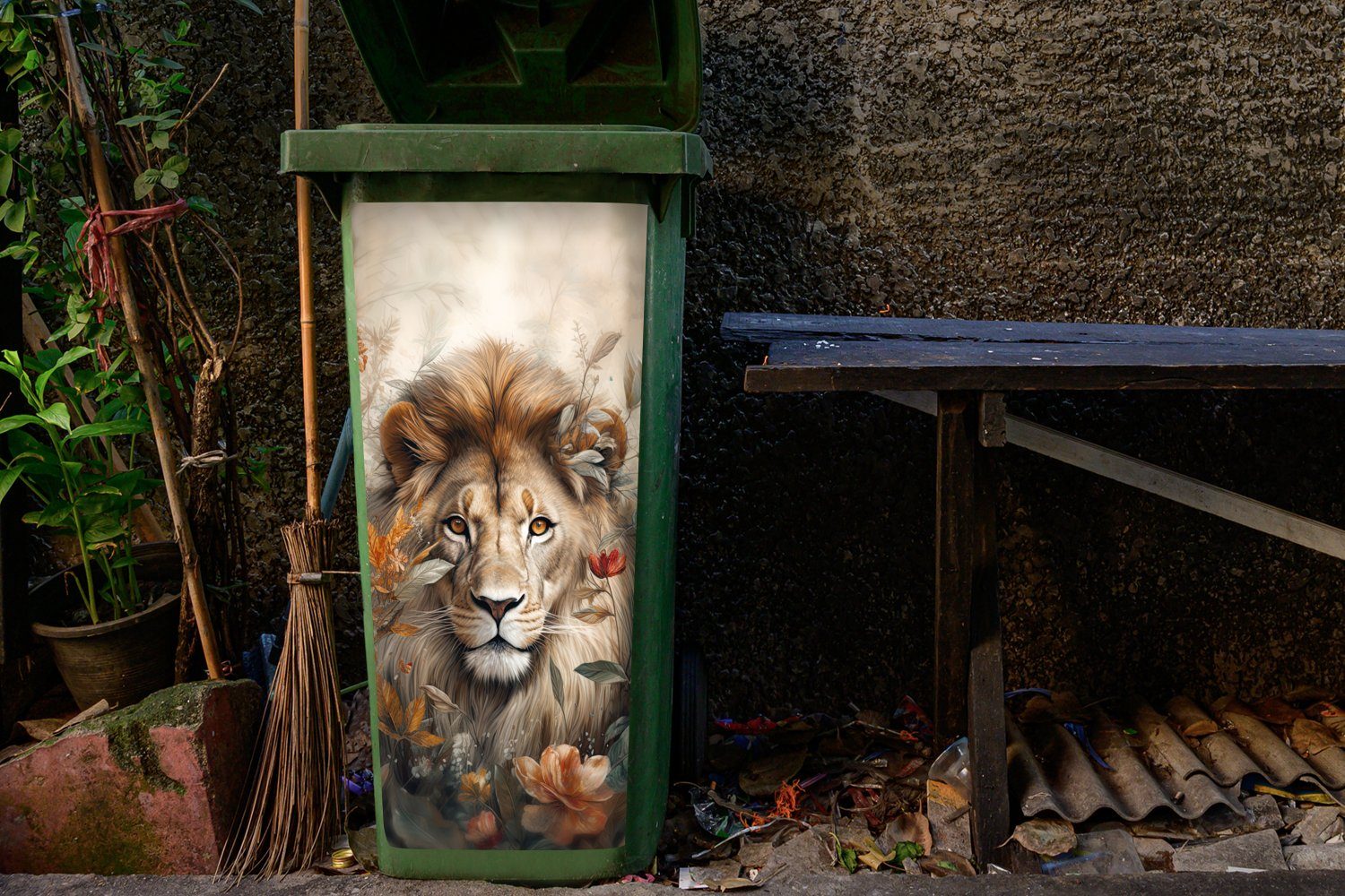 Löwe Mülltonne, - - Wildtiere - Natur Wandsticker - (1 Mülleimer-aufkleber, St), Container, Blumen Pflanzen Abfalbehälter Sticker, MuchoWow