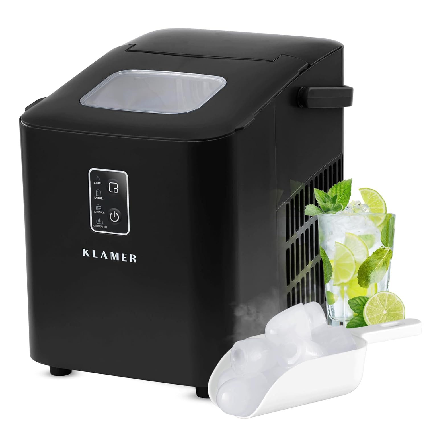 KLAMER Eiswürfelmaschine 11kg/24h, 8 Eiswürfel in 8 Min, 1L Wassertank, 2 Größen, leise Ice Ma…, 120W, 1L Wassertank, Signallampe, mit Eisschaufel, Tragegriff