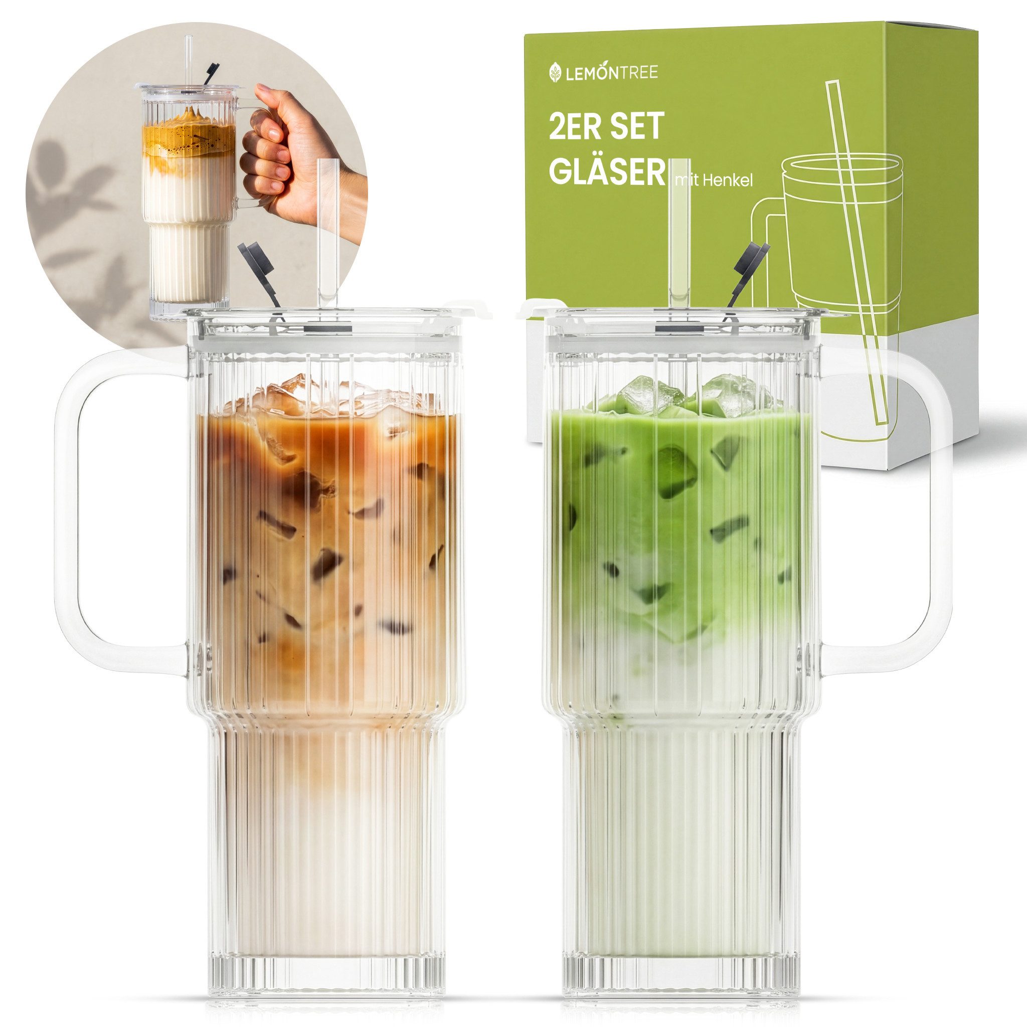 Lemontree Gläser-Set Glasbecher mit Deckel und Strohhalm 2er Set – 760ml Trinkgläser, 2-tlg., Geriffelte Trinkgläser mit Deckel – auslaufsicherer Smoothie Becher