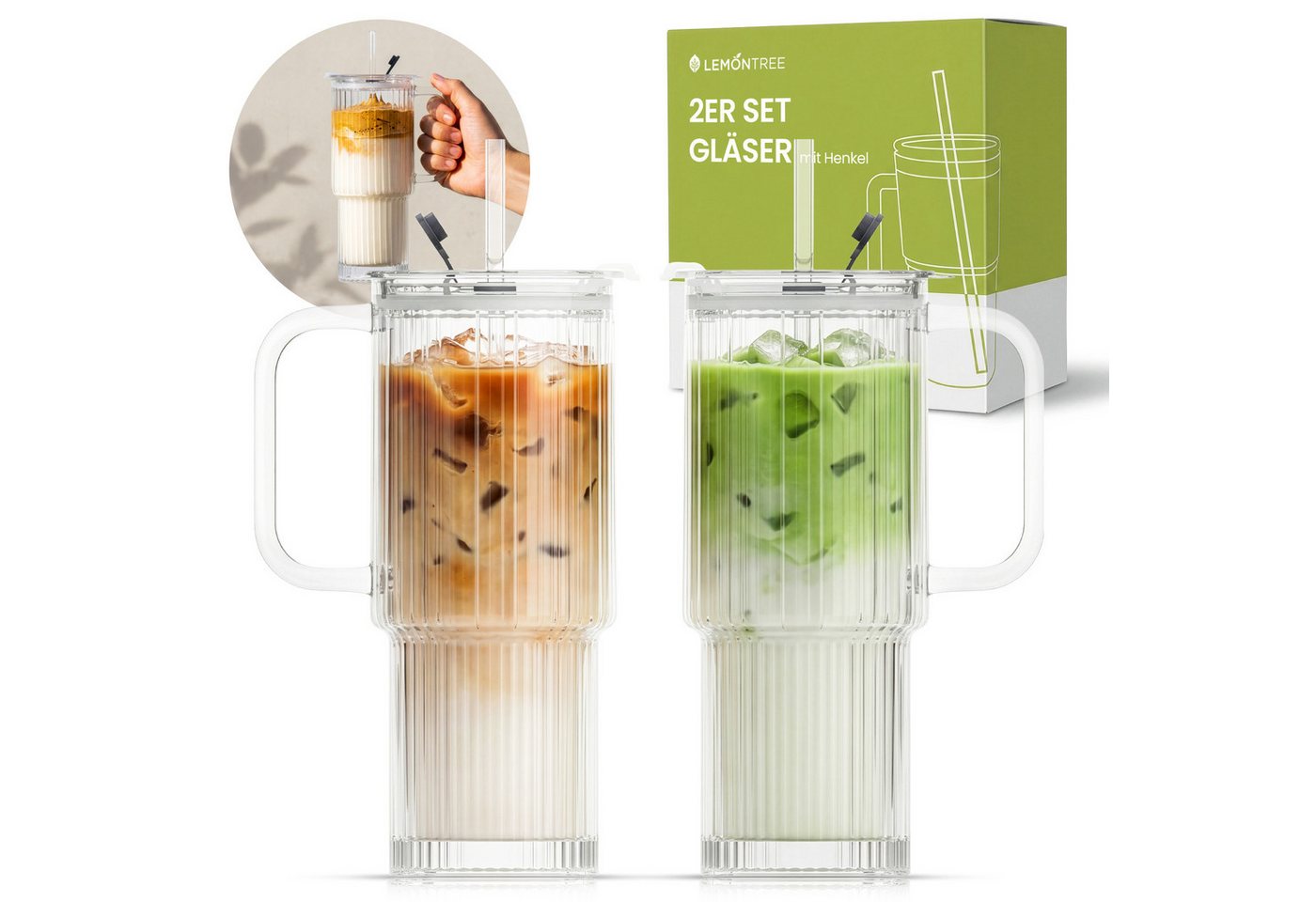 Lemontree Gläser-Set Glasbecher mit Deckel und Strohhalm 2er Set – 760ml Trinkgläser, 2-tlg., Borosilikatglas, Geriffelte Trinkgläser mit Deckel – auslaufsicherer Smoothie Becher