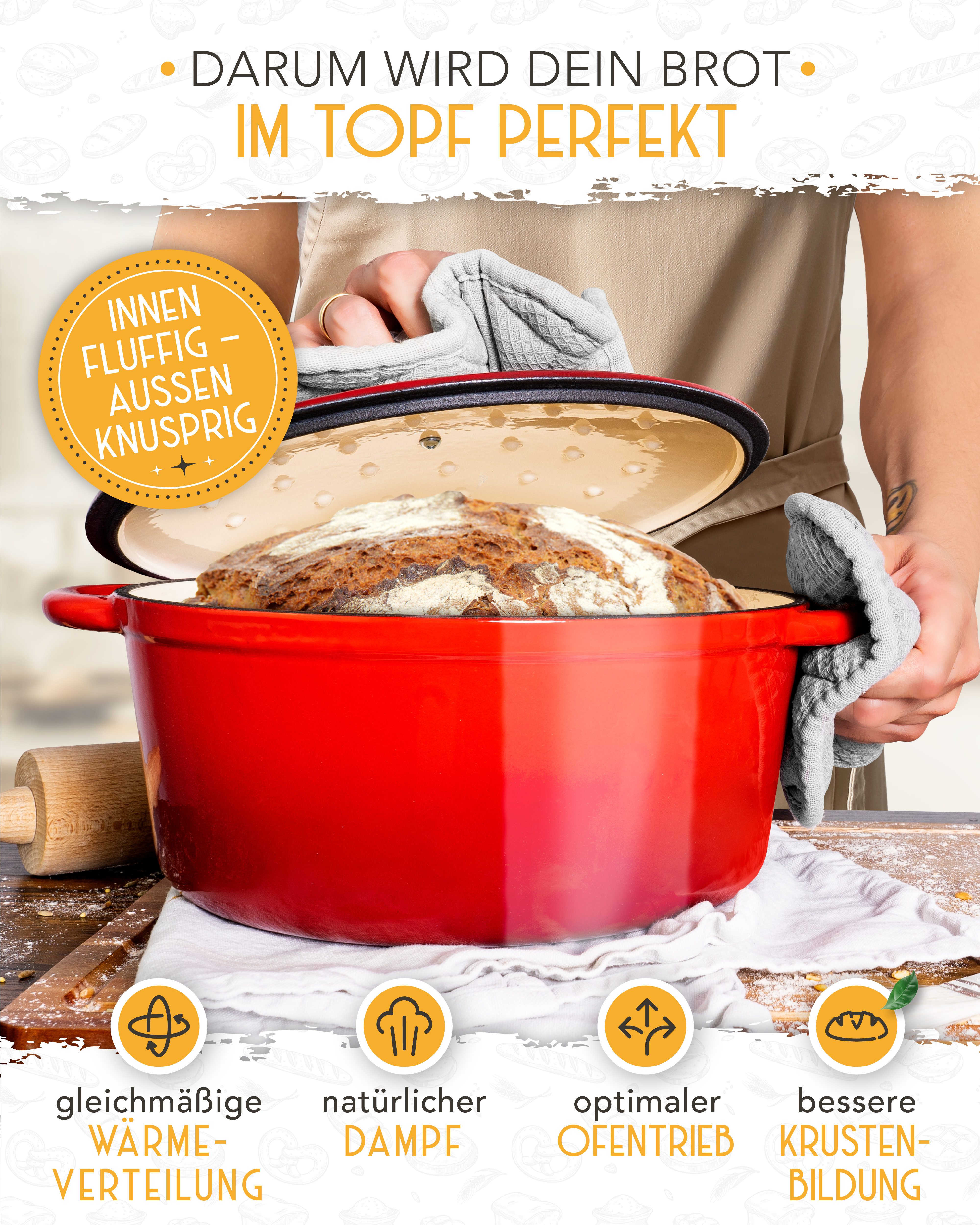 Krustenzauber Kasserolle Gusseisen Topf als Kochtopf, Schmortopf oder Brotbackform – Bild 5 von 5