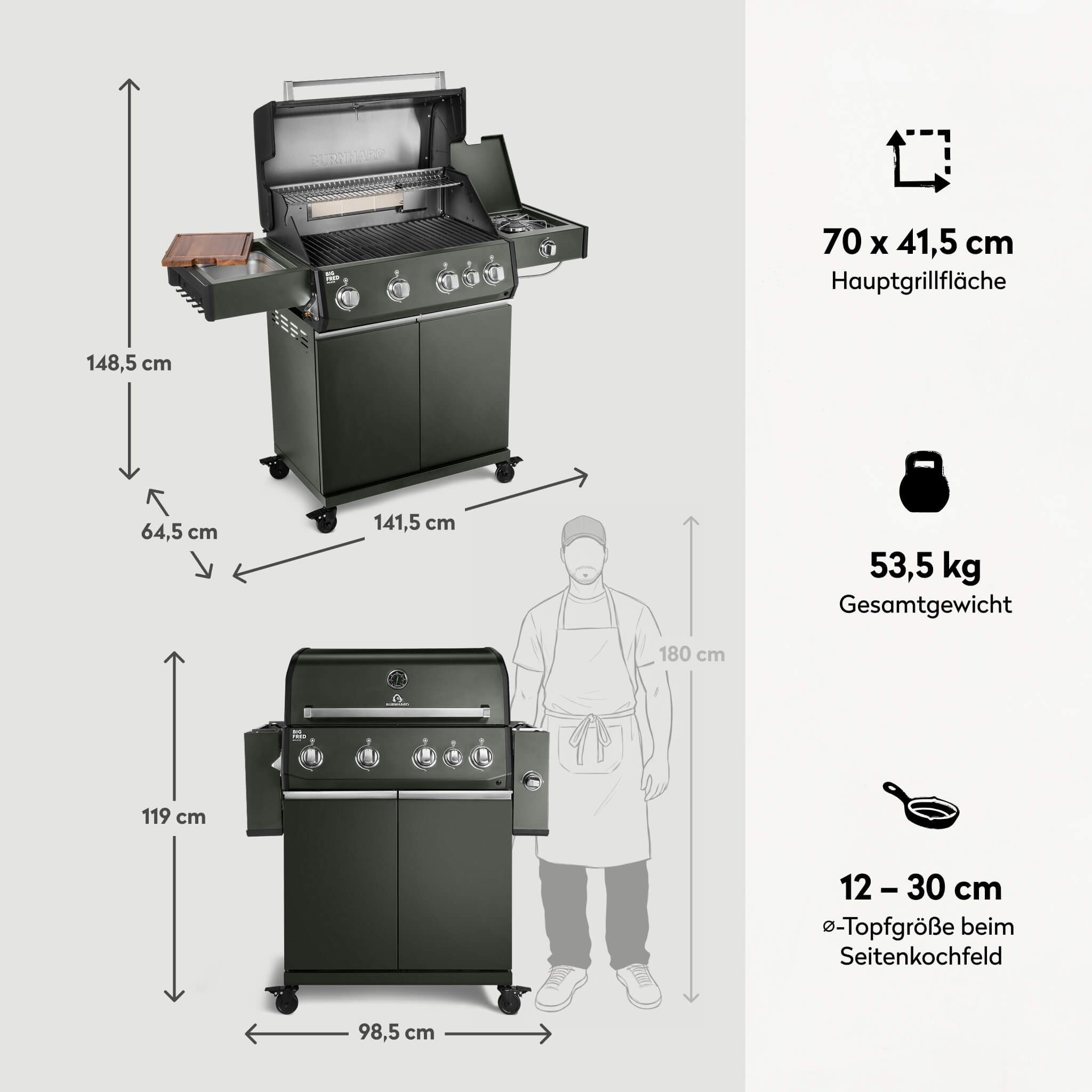BURNHARD® Gasgrill 4-Brenner, 21,2 kW Gesamtleistung, Infrarot-Keramikbrenner, Edelstahl-Stabbrenner, Seitenkochfeld, Gussrost, große Grillfläche, Piezo-Zündung – Big FRED Deluxe