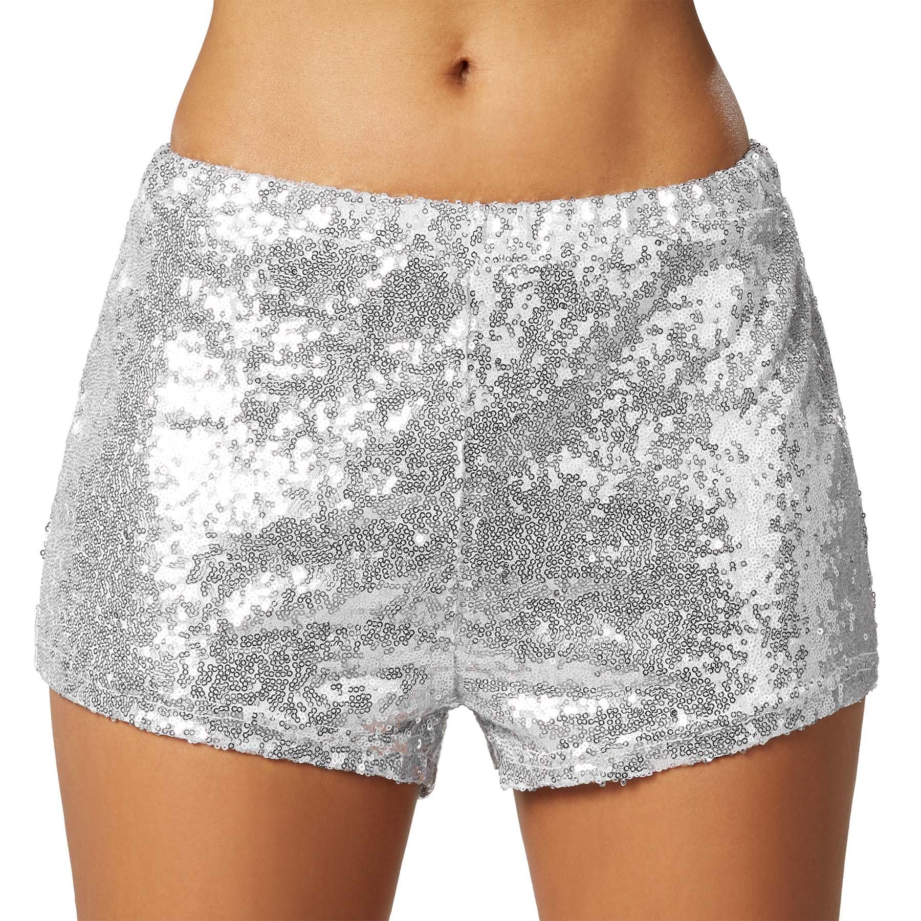 dressforfun Hotpants Shorts mit glänzenden Pailletten, für viele Outfits und Anlässe (Kurzhose, Konfektionsgröße L in silber) Hoher Tragekomfort, guter Sitz, Bund mit Gummizug, Länge ca. 28 cm