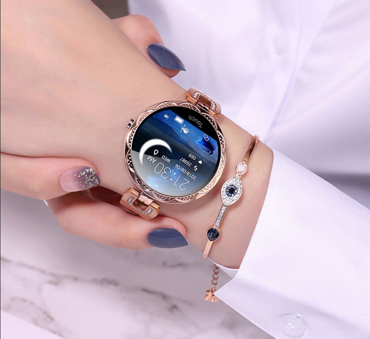 TPFNet SW33 mit elegantem Edelstahl Armband für Damen Smartwatch (Android), individuelles Display - Armbanduhr mit Musiksteuerung, Herzfrequenz, Schrittzähler, Kalorien, Sportmodus etc. - Gold