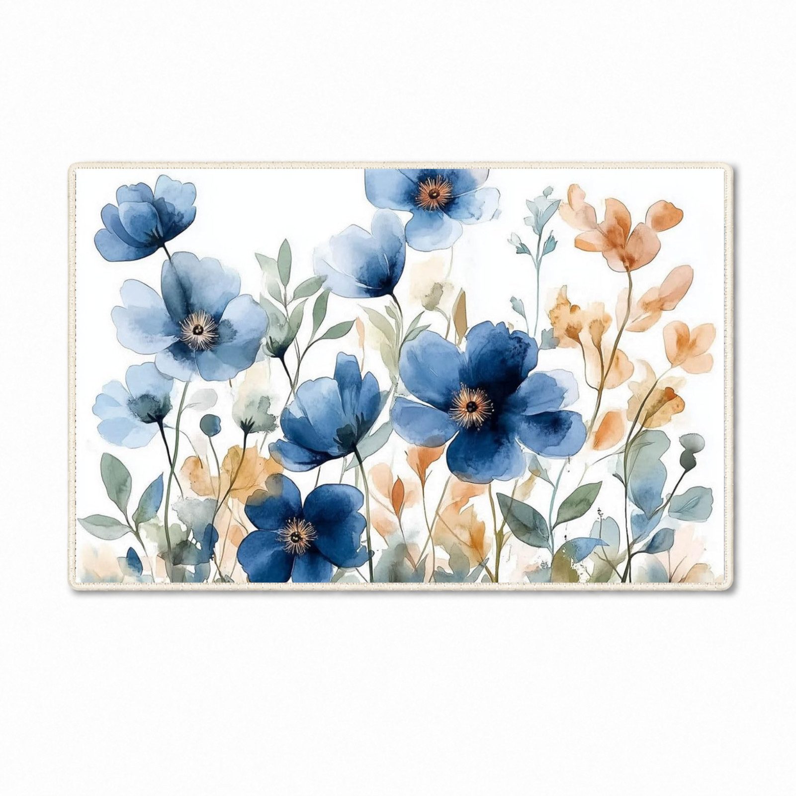 Jumpeak Teppich Aquarell Blumen Teppich, blaue Wildblumen Motiv, Rechteckig, Höhe: 5 mm, rutschfest, weich für Wohn‑ und Schlafzimmer