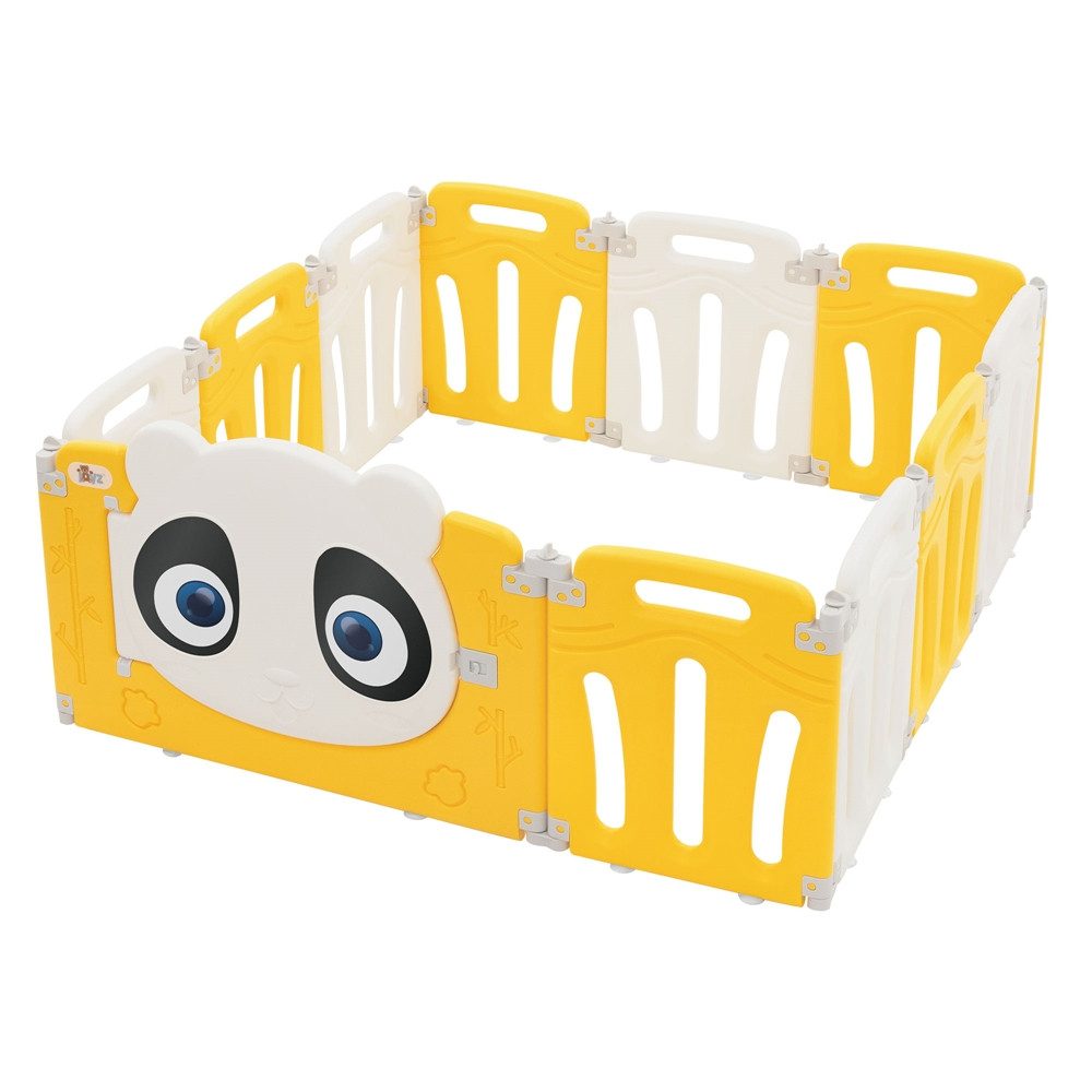 Joyz Laufgitter Laufstall Baby Krabbelgitter faltbar Absperrgitter Zaun Babygitter, Kinderlaufstall 120×120 cm Weiß-Gelb Schutzgitter mit Tür und Lernuhr