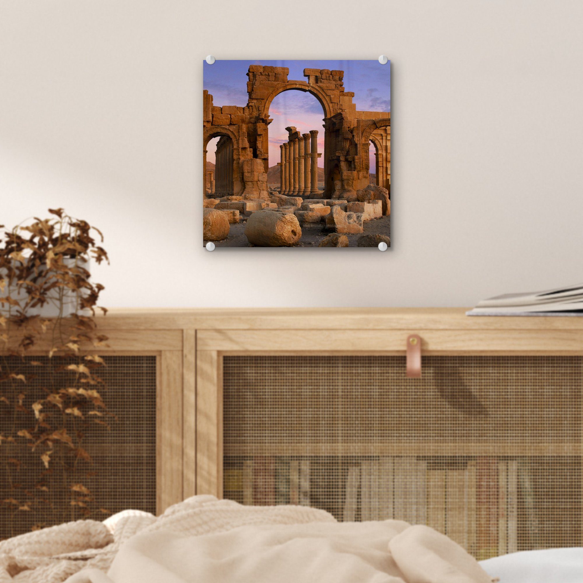 Glasbilder St), - Glas - auf Triumphbögen - auf Acrylglasbild Foto MuchoWow antiken Wanddekoration Wandbild Bilder (1 Glas Syrien, in an Sonnenuntergang den