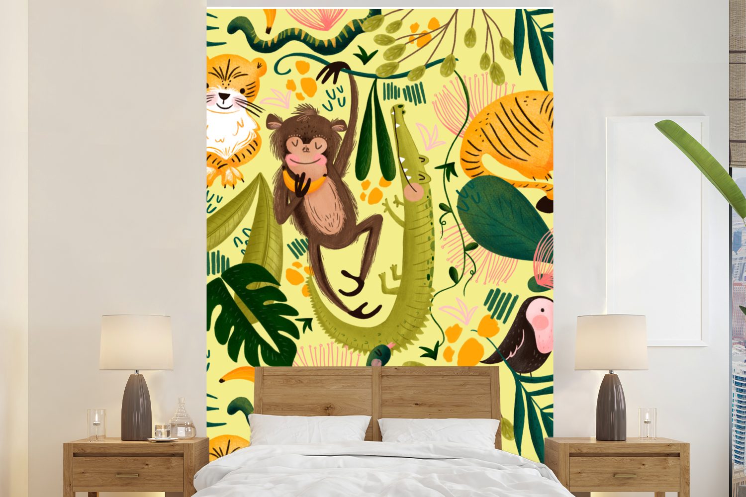 MuchoWow Fototapete Dschungel - Pflanzen - Tiere - Gelb, Matt, bedruckt, (3 St), Montagefertig Vinyl Tapete für Wohnzimmer, Wandtapete