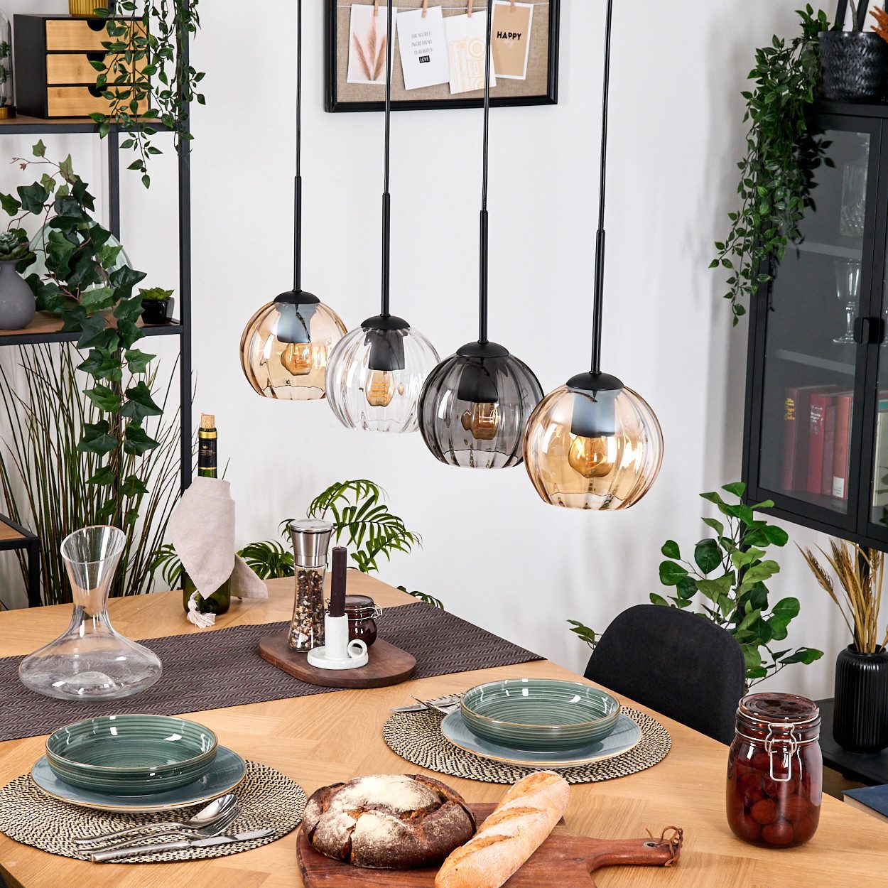 hofstein Hängeleuchte Hängelampe aus Metall/Holz/Riffelglas in Schwarz/Rauch/Bernstein/Klar, moderne Pendelleuchte im Boho/Vintage-Design (Schirme 15 cm), 4 x E27