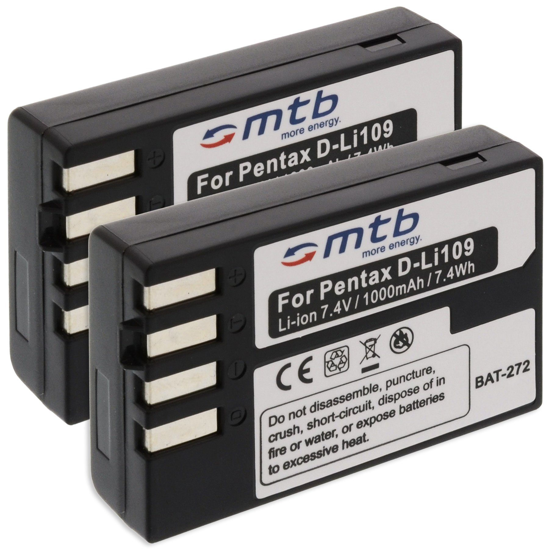 mtb more energy [BAT-272 - Li-Ion] Kamera-Akku kompatibel mit Akku-Typ Pentax D-Li109 1000 mAh (7,4 V), passend für: Pentax K-30, K-50, K-70, K-500…