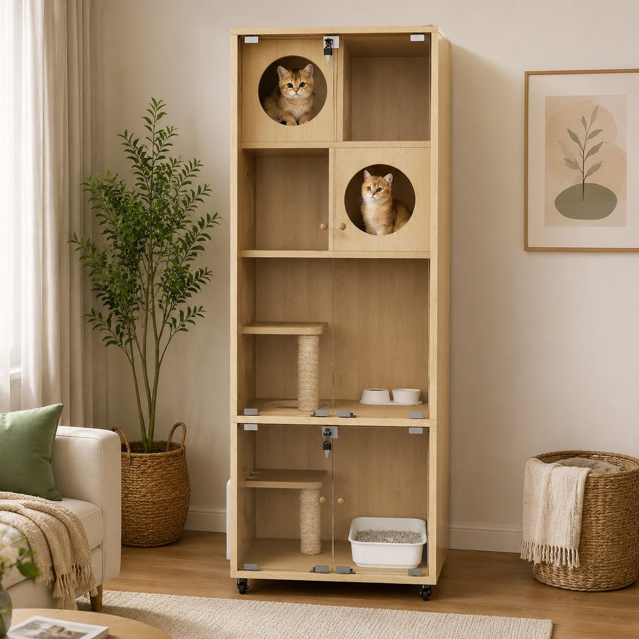 BlingBin Katzenhaus Mobiles Katzenvilla Katzengehege Innenkatzenhaus Katzenmöbel, Großer Chinchillakäfig, Glaskatzenhaus mit Rollen,Schlüssel