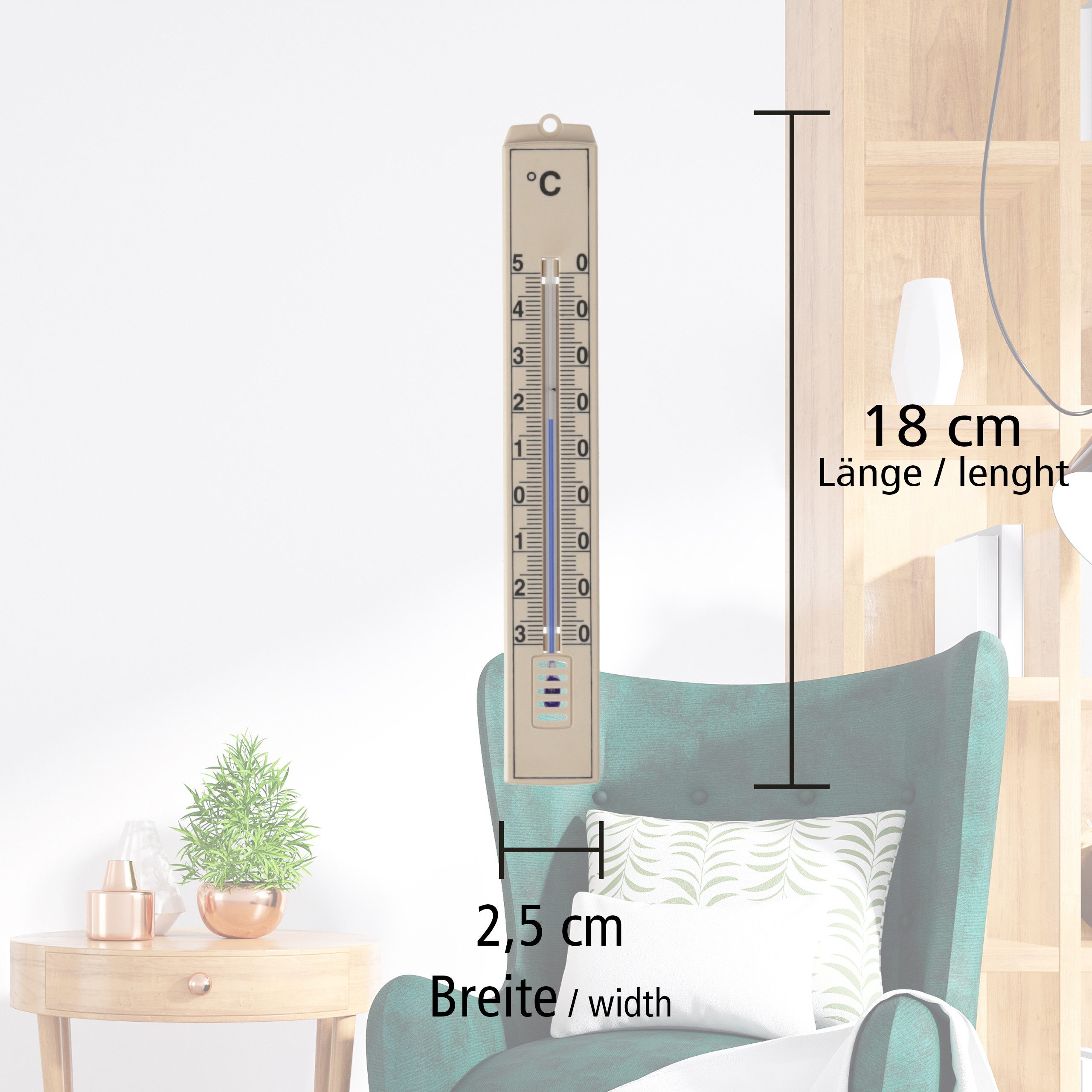 Lantelme Raumthermometer 5 Stück Set Analog Thermometer Beige für Innen Zimmer Außen Garten, 5-tlg., Deutsche Herstellung, Temperatur -30 bis +50 °C, Maße 18 x 2,5 cm