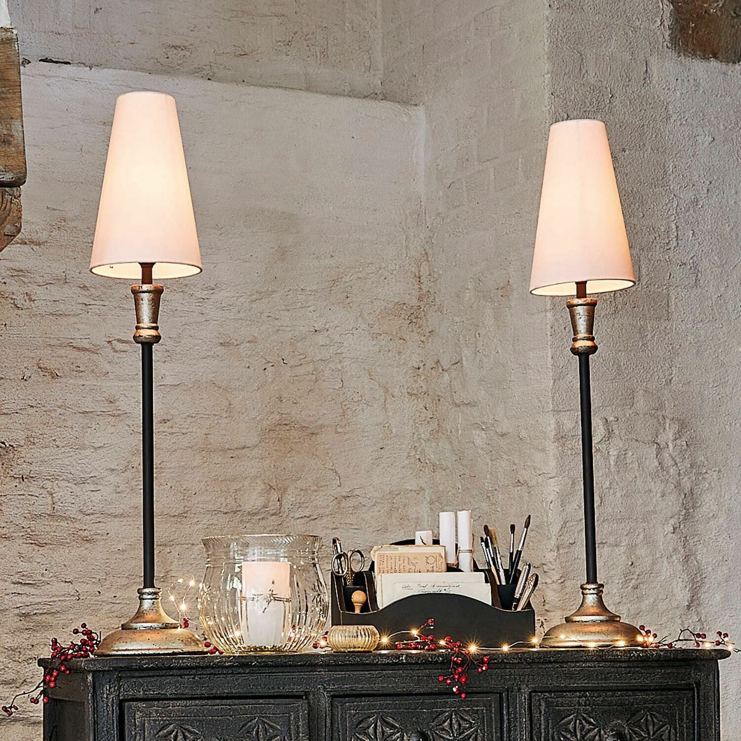 Mirabeau Tischleuchte Tischlampe 2er Set Obsonville silber/schwarz/creme