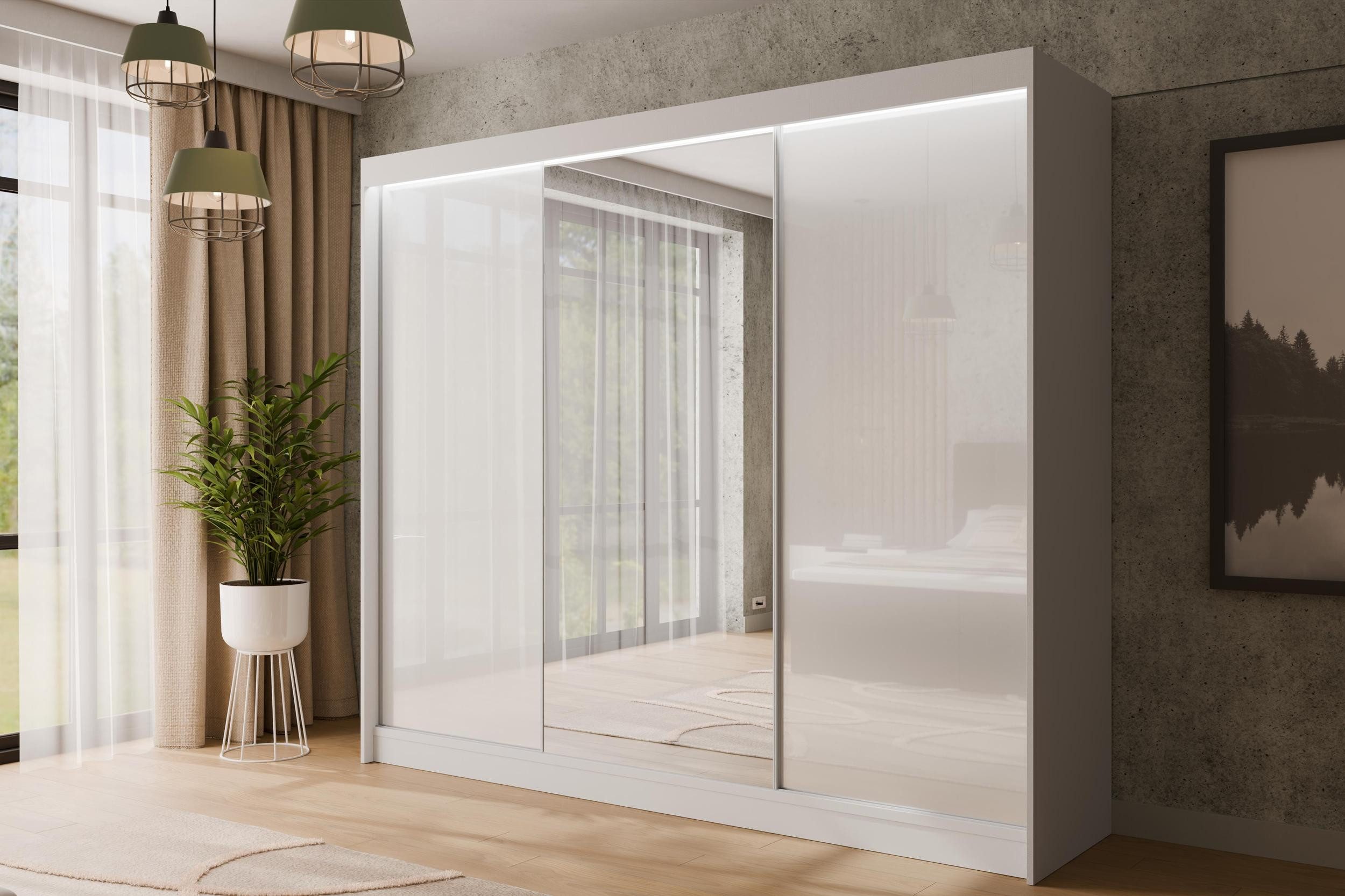 ALTDECOR Schiebetürenschrank VESLI (Kleiderschrank Garderobenschrank mit viel Stauraum Moderner Schrank) Spiegel Spiegeltüren Vielseitiger Schwebetürenschrank LED Beleuchtung