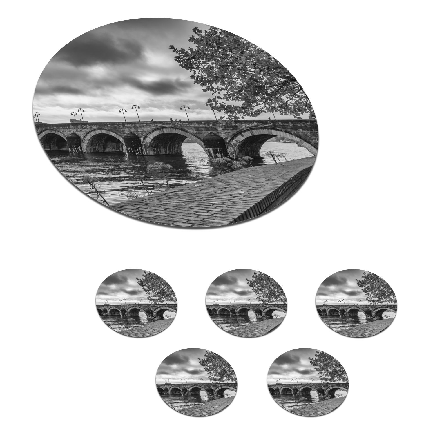 MuchoWow Glasuntersetzer Brücke - Maastricht - Schwarz - Weiß, Zubehör für Gläser, 6-tlg., Getränkeuntersetzer, Tassenuntersetzer, Korkuntersetzer, Tasse, Becher