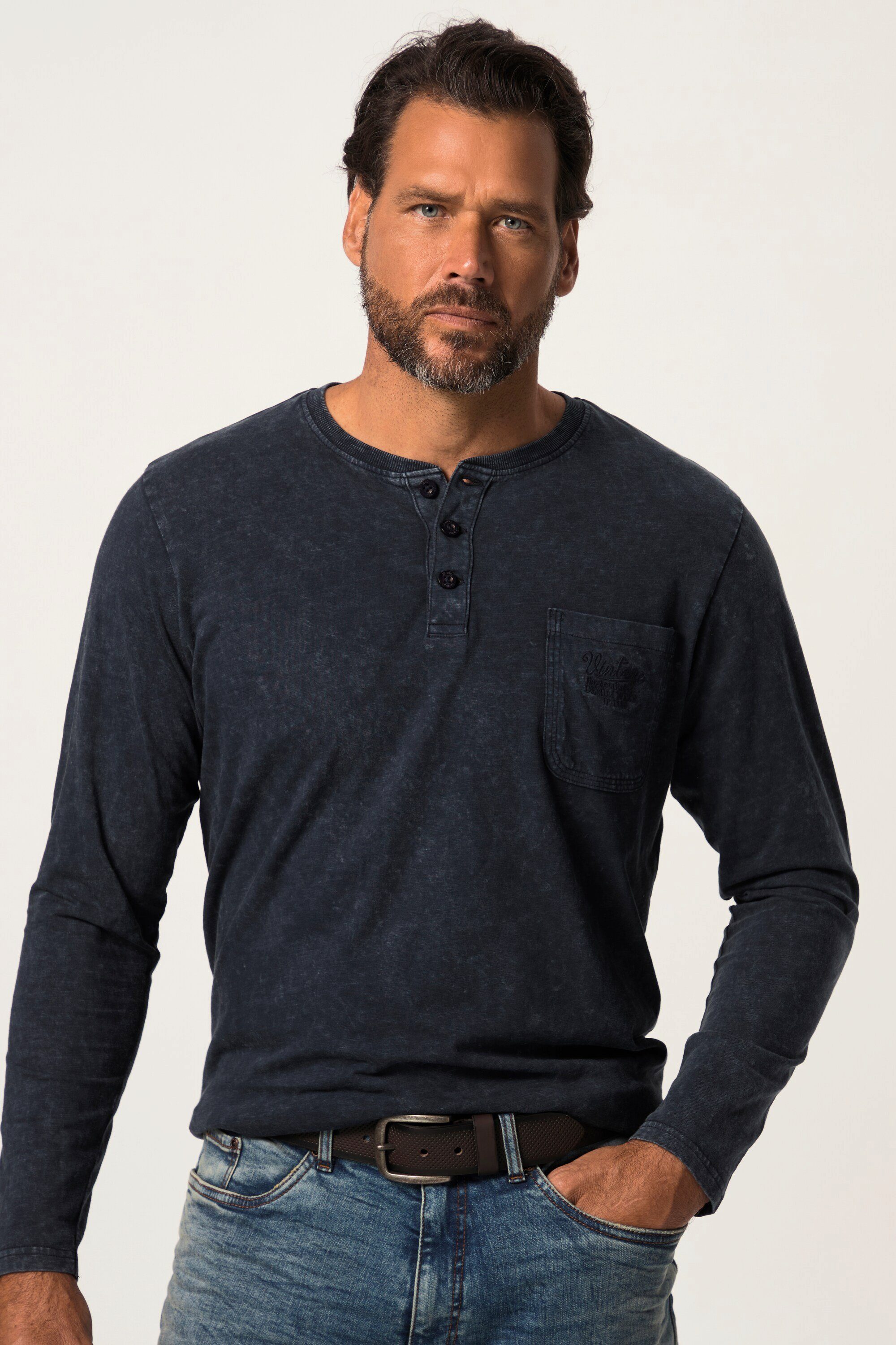 navy blau Flammjersey Langarm T-Shirt Knopfleiste JP1880 Henley