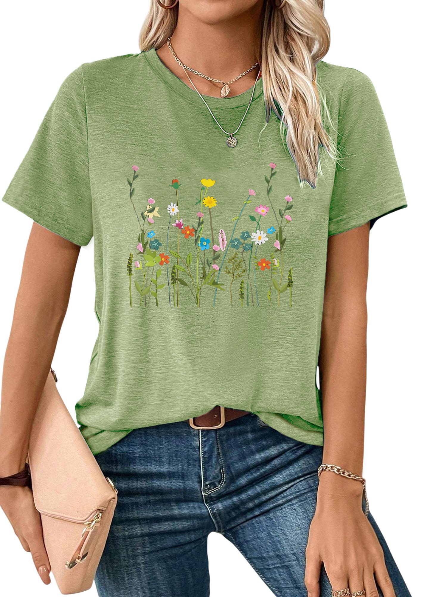 Rundhalsshirt Shirts Damen Frühling Blumen Ausgefallene bequemes t shirt