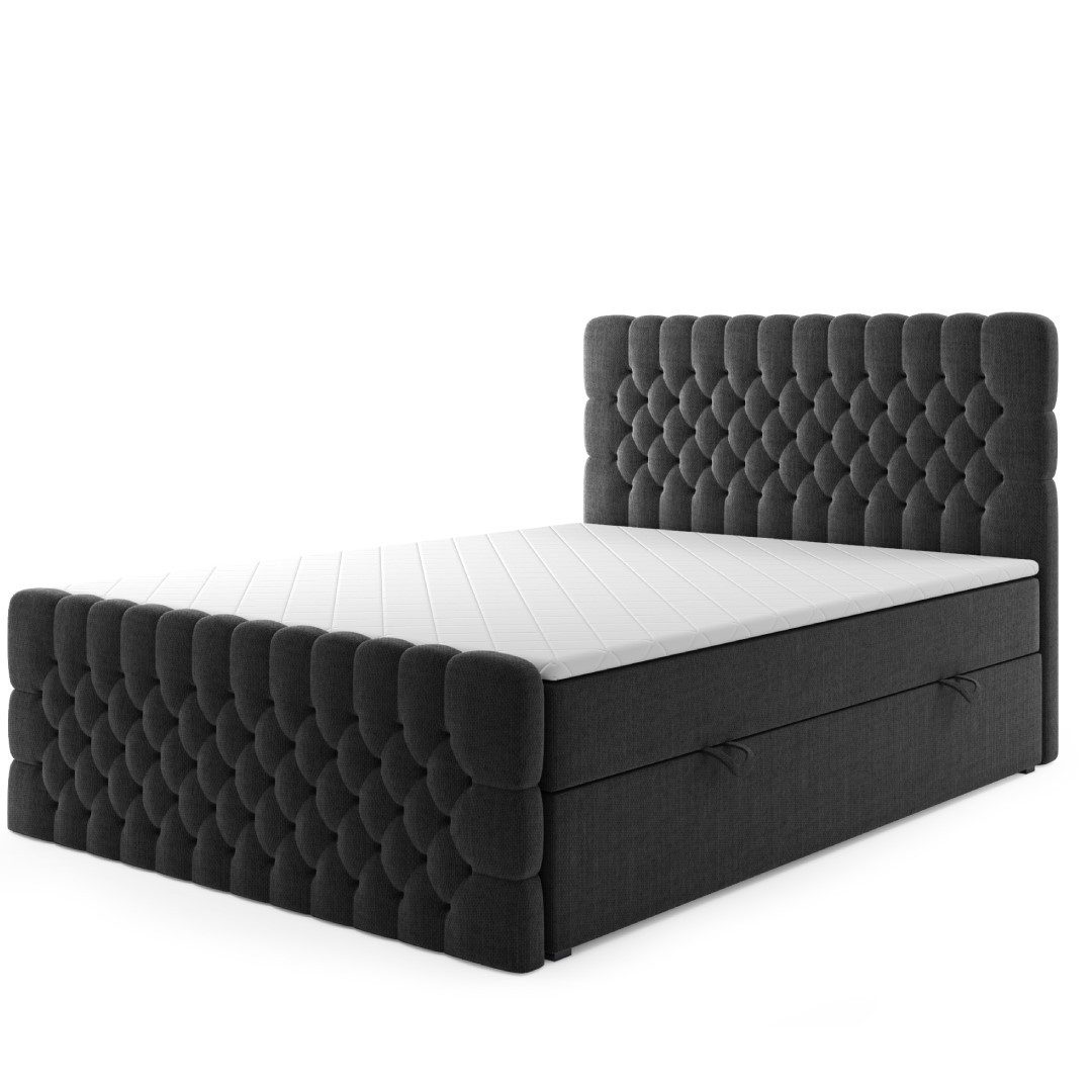 M-Punkt24 Boxspringbett Oxford (180 x 200 cm, Schwarz), Chesterfield, Federkern-Matratze, inkl. Topper, inkl. Fußteil