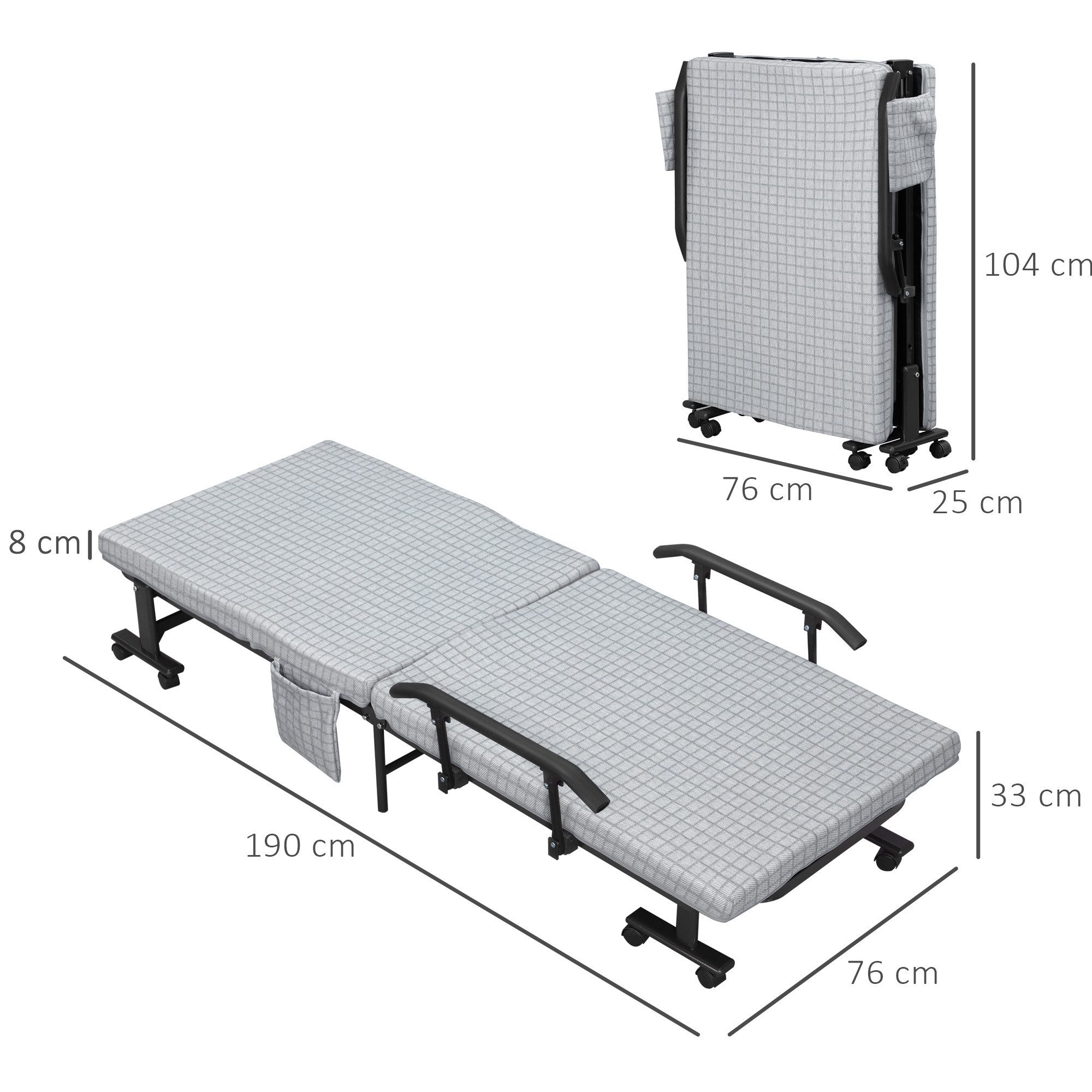 REDOM Gästebett Klappbett Hellgrau/Schwarz, Stahlrahmen, 190x76x33 cm, mit Rollen (Packung, 1-St., Gästebett mit 5-stufig verstellbarer Rückenlehne) Platzsparendes Reisebett für Gästezimmer & Camping