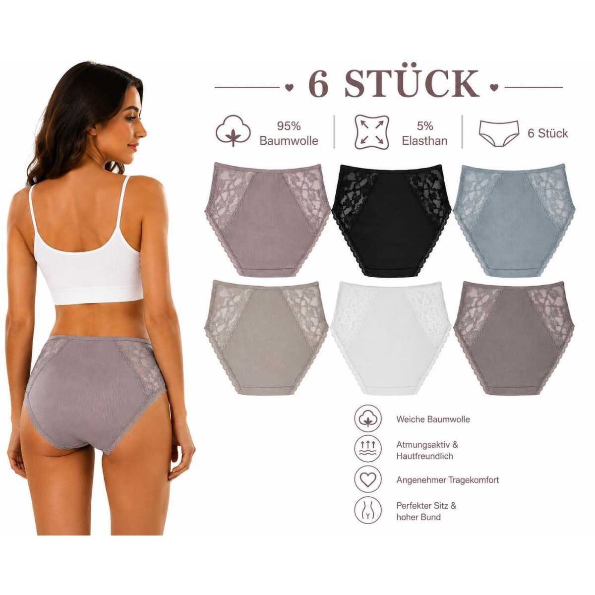 EloModa Taillenslip Damen Slips 6er Pack Baumwolle Ripp mit Spitze hoher Bund Mix4 XL (6-St) atmungsaktiv, hautfreundlich, elastisch, formbeständig – Bild 3 von 4