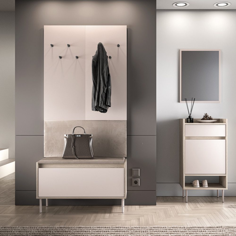 Lomadox Garderoben-Set VITTORIA-131, (Spar-Set, 4-St., Wandpaneel Schuhbank Spiegel Schuhschrank), in Kaschmir mit Eiche