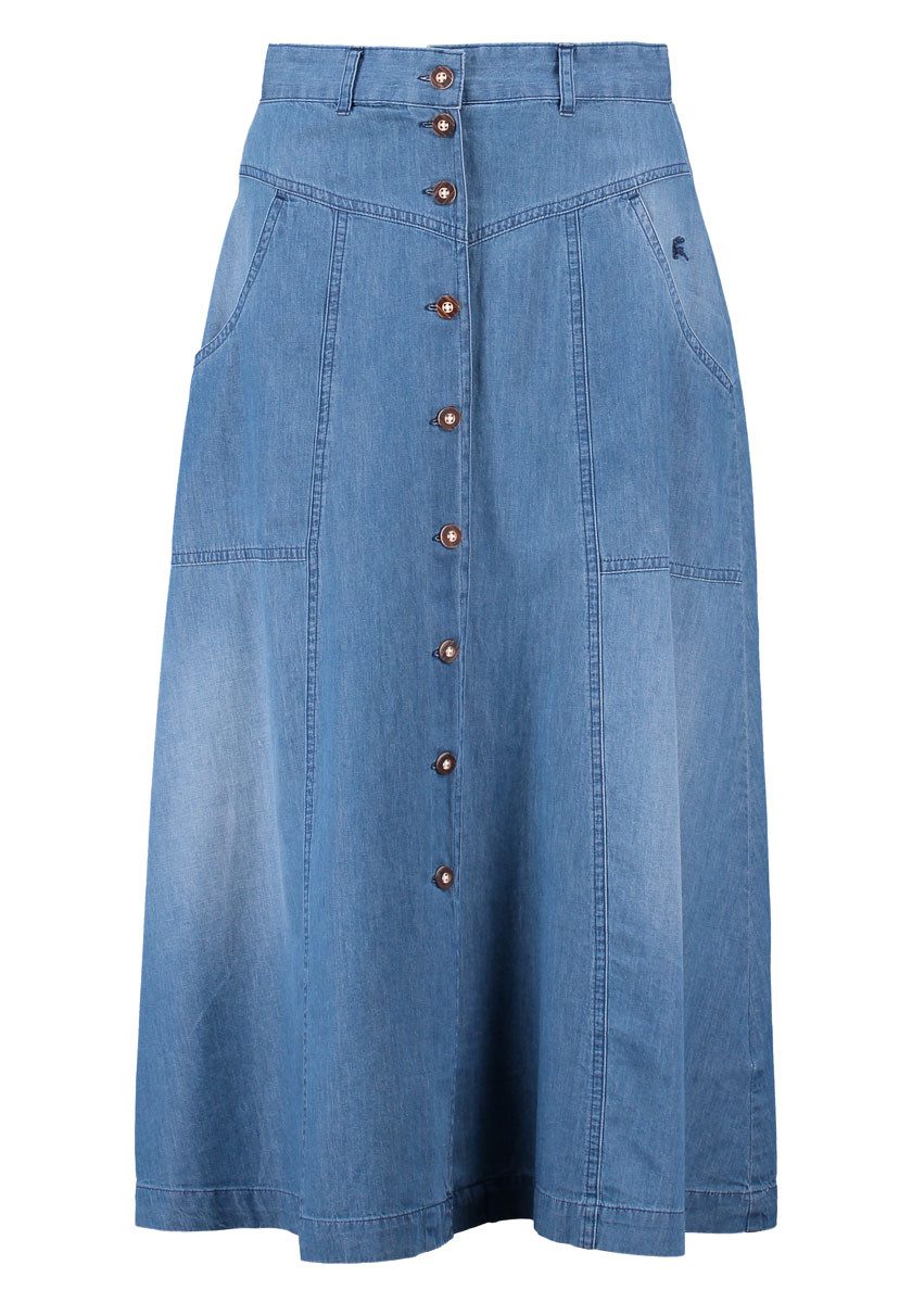 OS Trachten Jeansrock Brujus Trachtenrock wadenlanger Tellerrock mit 2 Seitentaschen und Stickerei