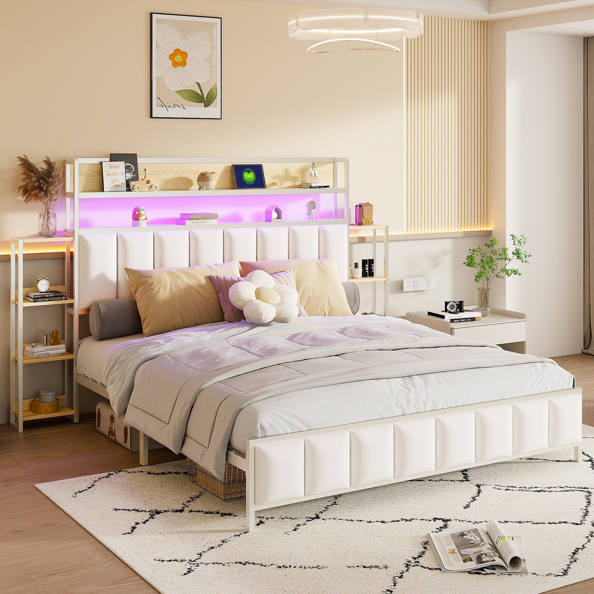 Flieks Metallbett, LED Kunstleder-Polsterbett Doppelbett 160x200cm mit Stau günstig online kaufen