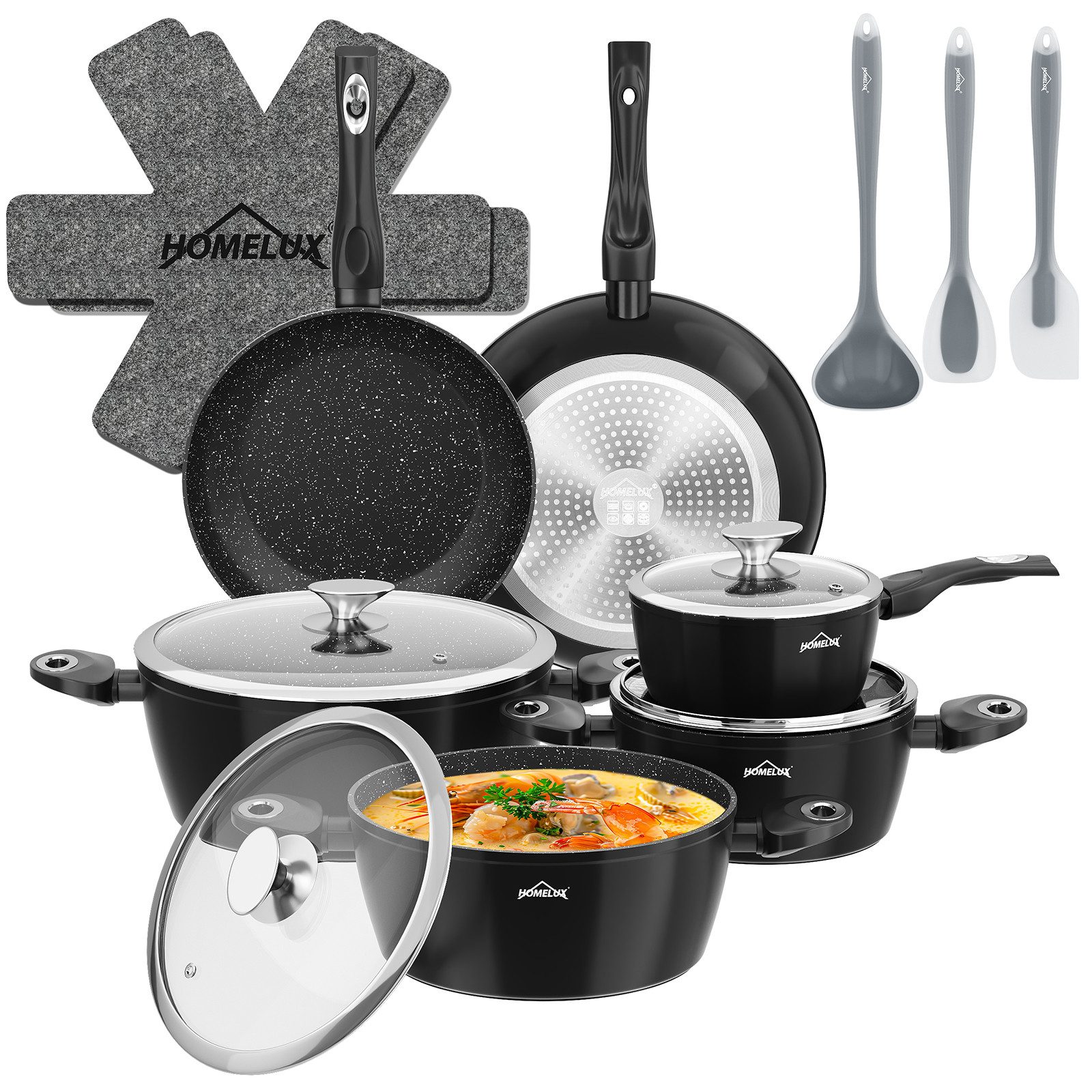 HOMELUX Topf-Set 15 tlg Aluminium Kochtopf mit Glasdeckel Antihaftbeschichtung Topf, Aluminium (4 Töpfe mit Glasdeckel + 2 Pfanne), Induktionsgeeignet