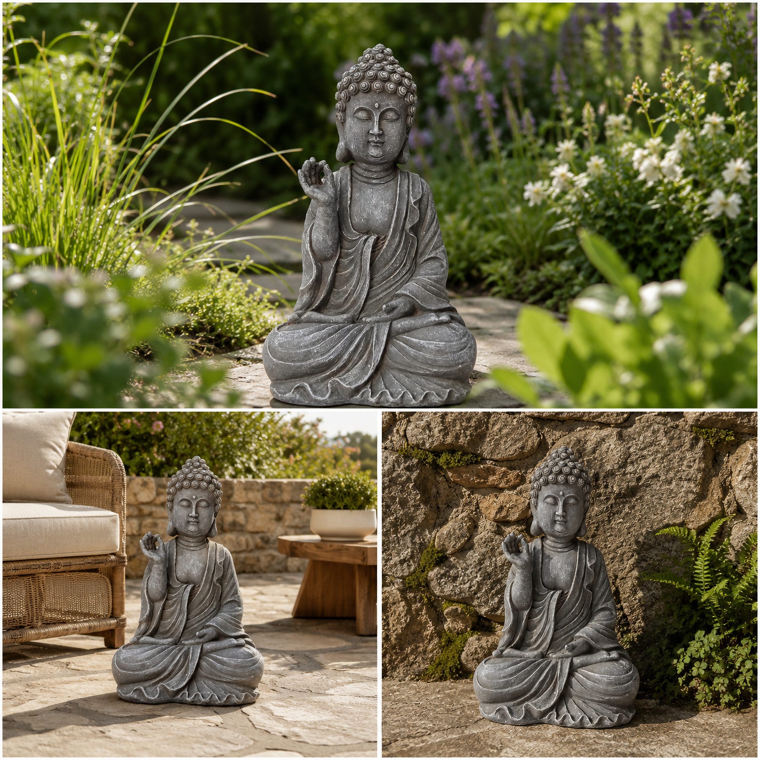 INtrenDU Buddhafigur Gartenfigur 40 cm steingrau – wetterfest, Wetterfeste Gartenfigur in Steinoptik