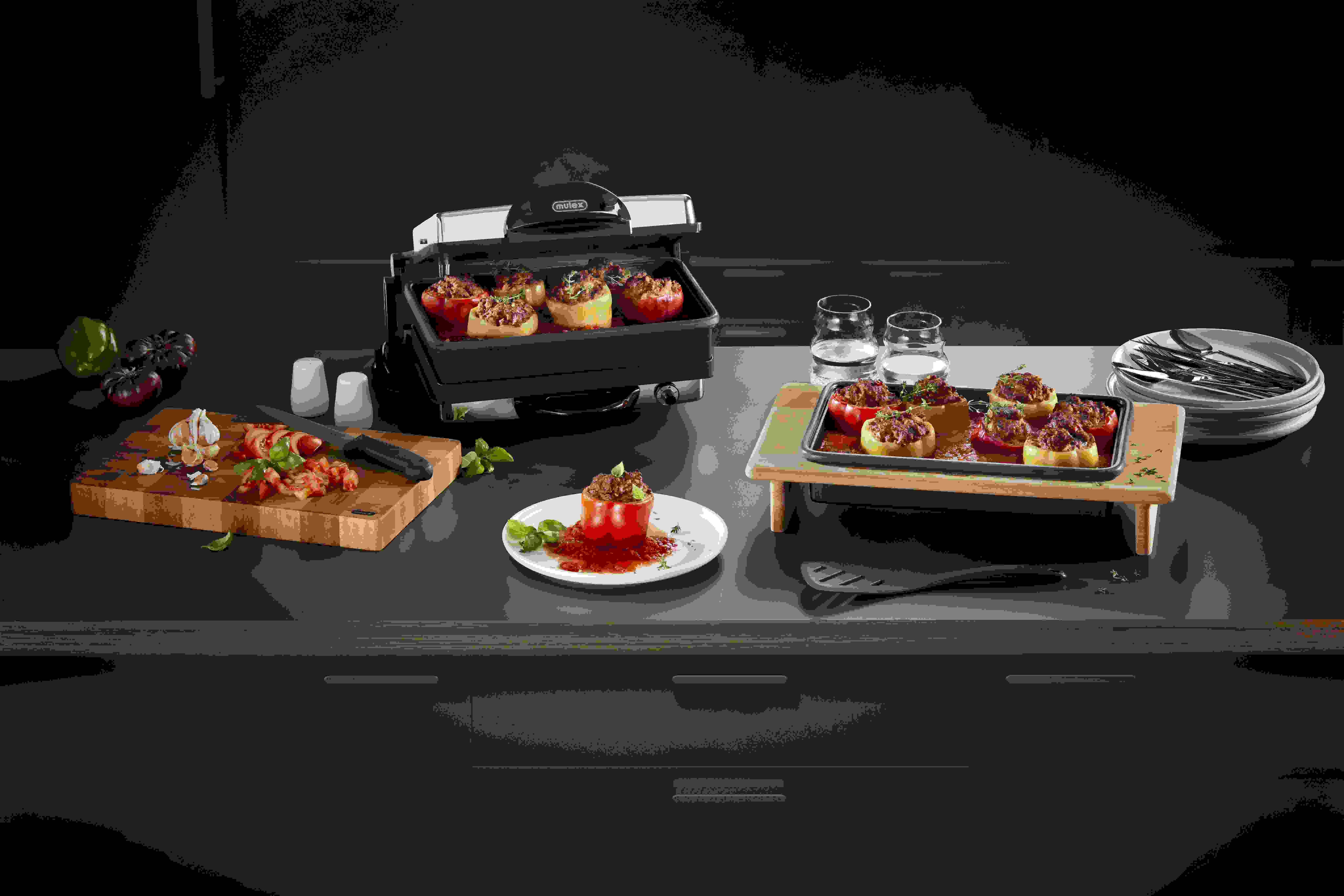 Mulex Kontaktgrill MX 355 inklusive Kasserolle und Silikonschutz + Glasdeckel, 2200 W, die Miniküche für jeden Tag