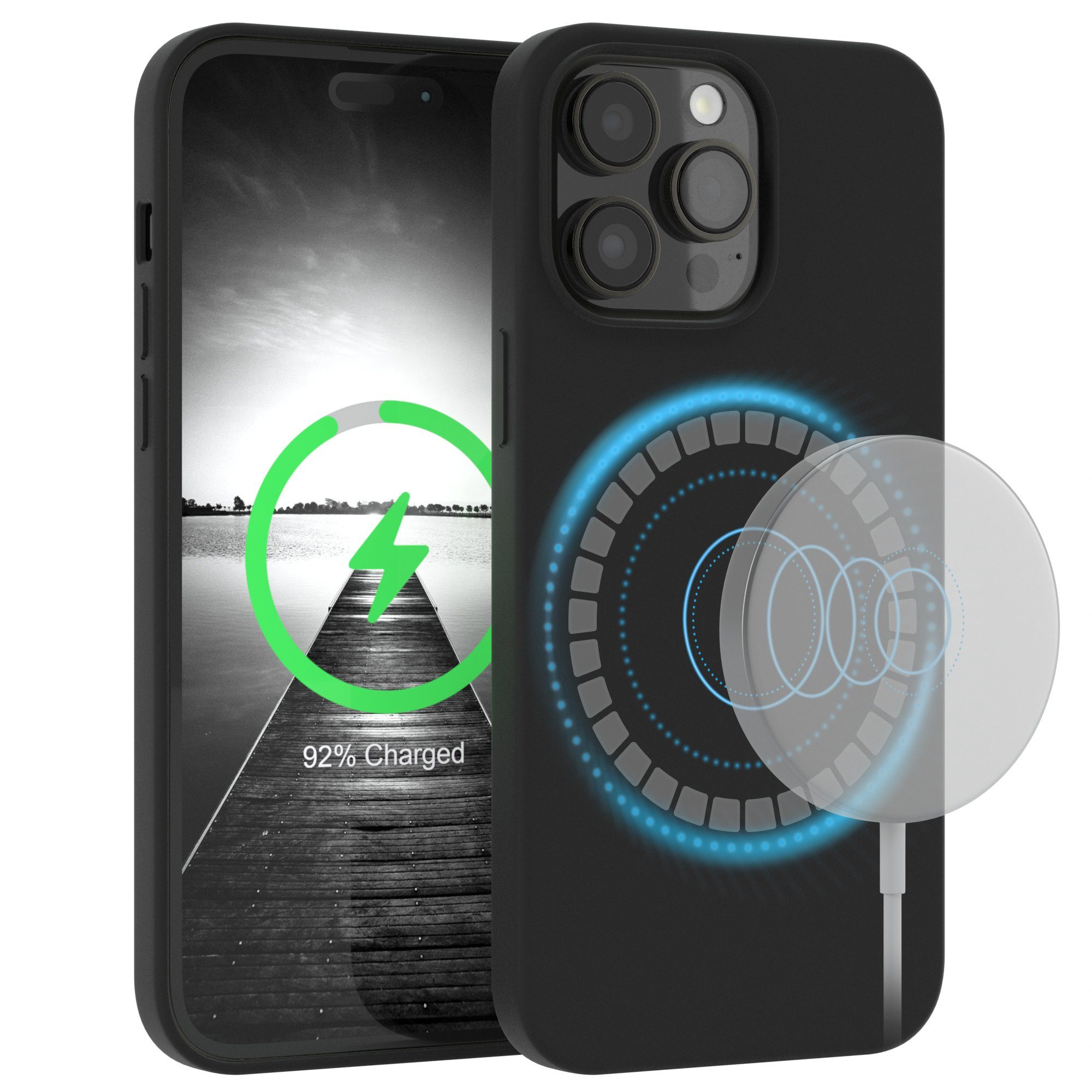 EAZY CASE Handyhülle Silikonhülle mit MagSafe für iPhone 14 Pro Max 6,7 Zoll, Cover kompatibel mit Qi Magsafe Bumper Silicon Case kratzfest Schwarz