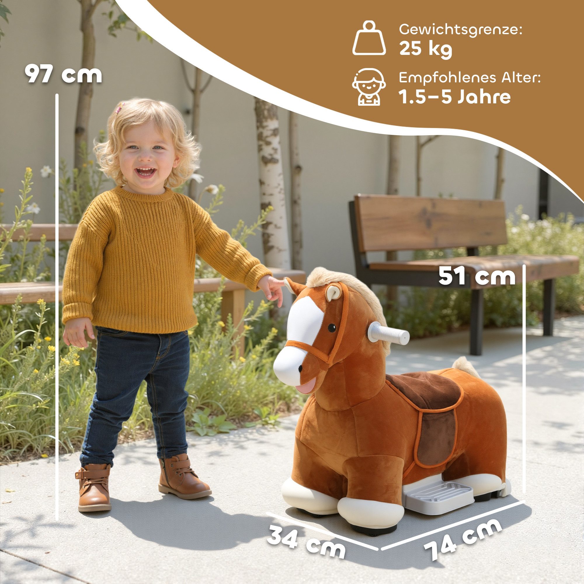 AIYAPLAY Reittier Kinder Elektroauto, 6V Kinderfahrzeug mit Musik, Fußpedal, Elektrisches Pferd für 1,5-5 Jahre Kinder, Braun