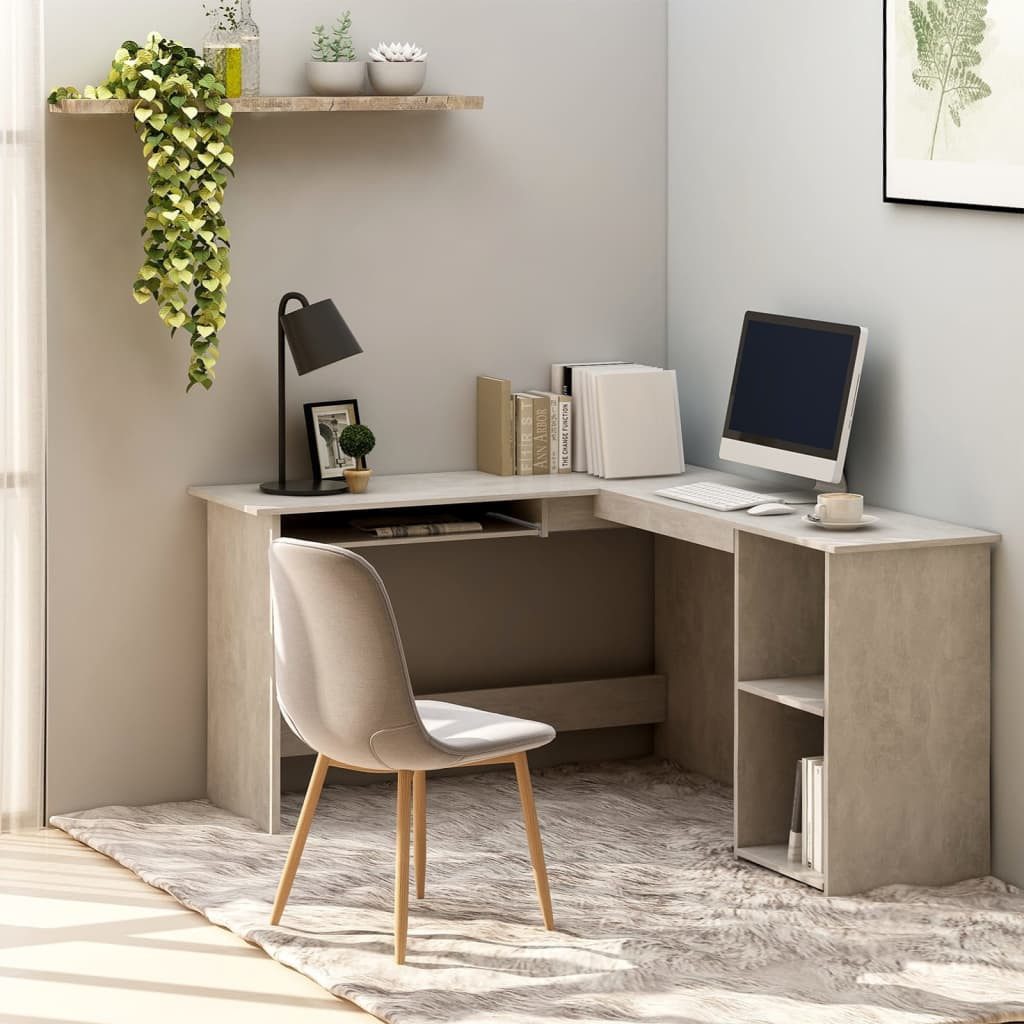 furnicato Schreibtisch Moderner Eckschreibtisch L-Form 120x140x75 cm Betongrau Holzwerkstoff (1-St), Arbeitsplatz mit Tastaturablage sowie zwei Regalen für das Büro