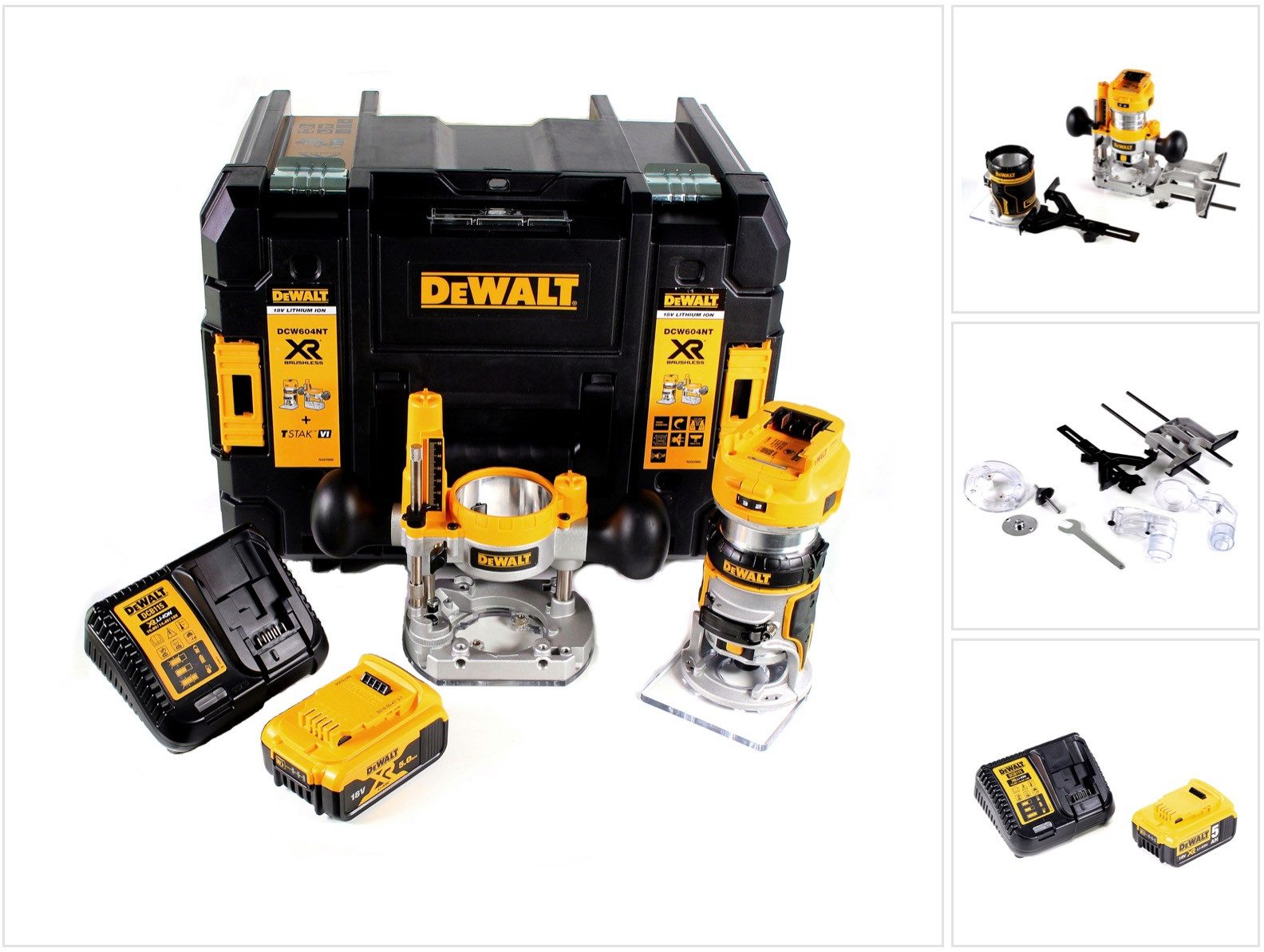 DeWalt Oberfräse DCW 604 P1 Akku Kombifräse 18V 55mm + 1x Akku 5,0Ah + Ladegerät + TST