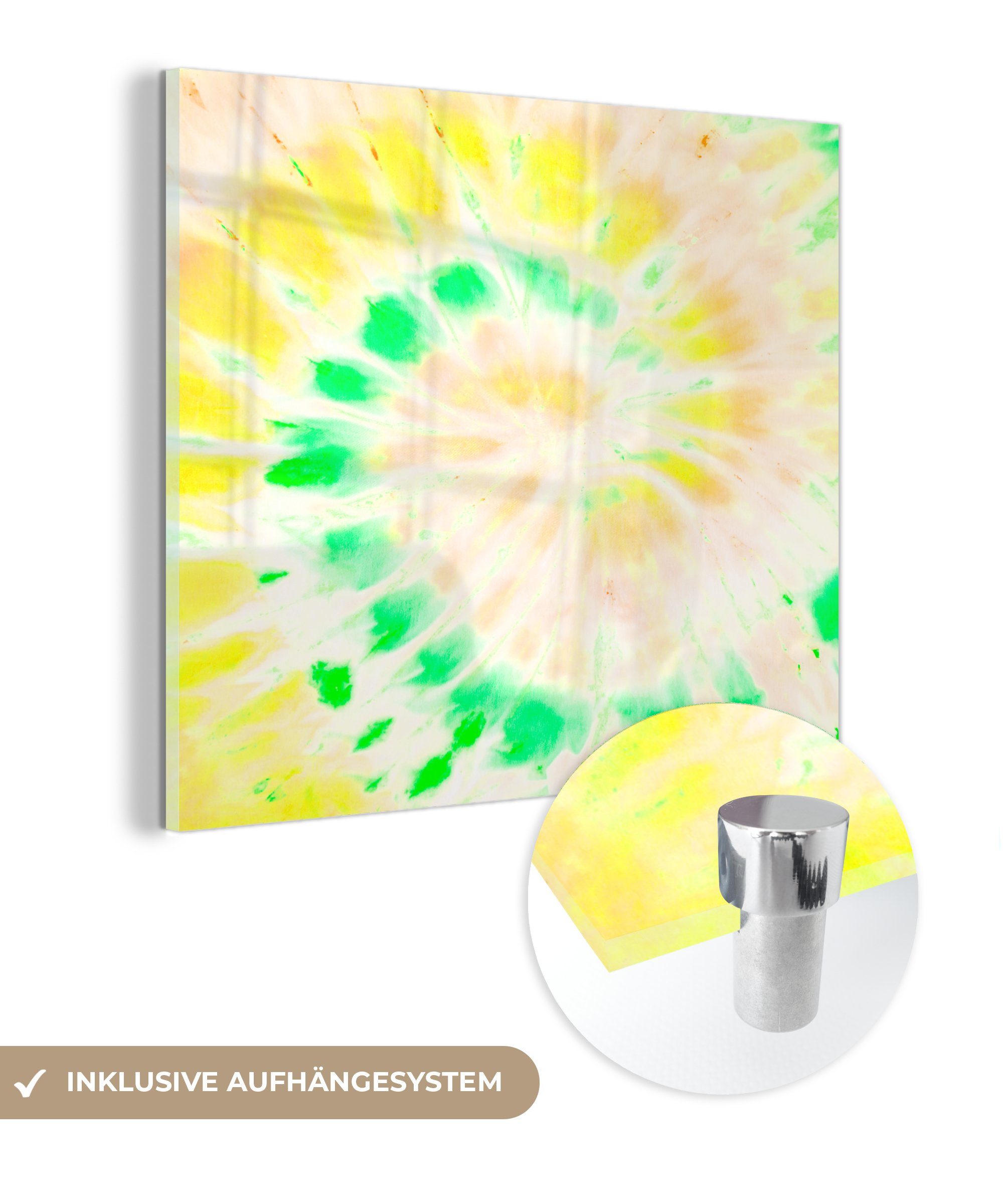 MuchoWow Acrylglasbild Krawattenfärbung - Wandbild - Foto Weiß, Glasbilder Wanddekoration - auf St), Bilder - Glas - auf (1 Grün Glas