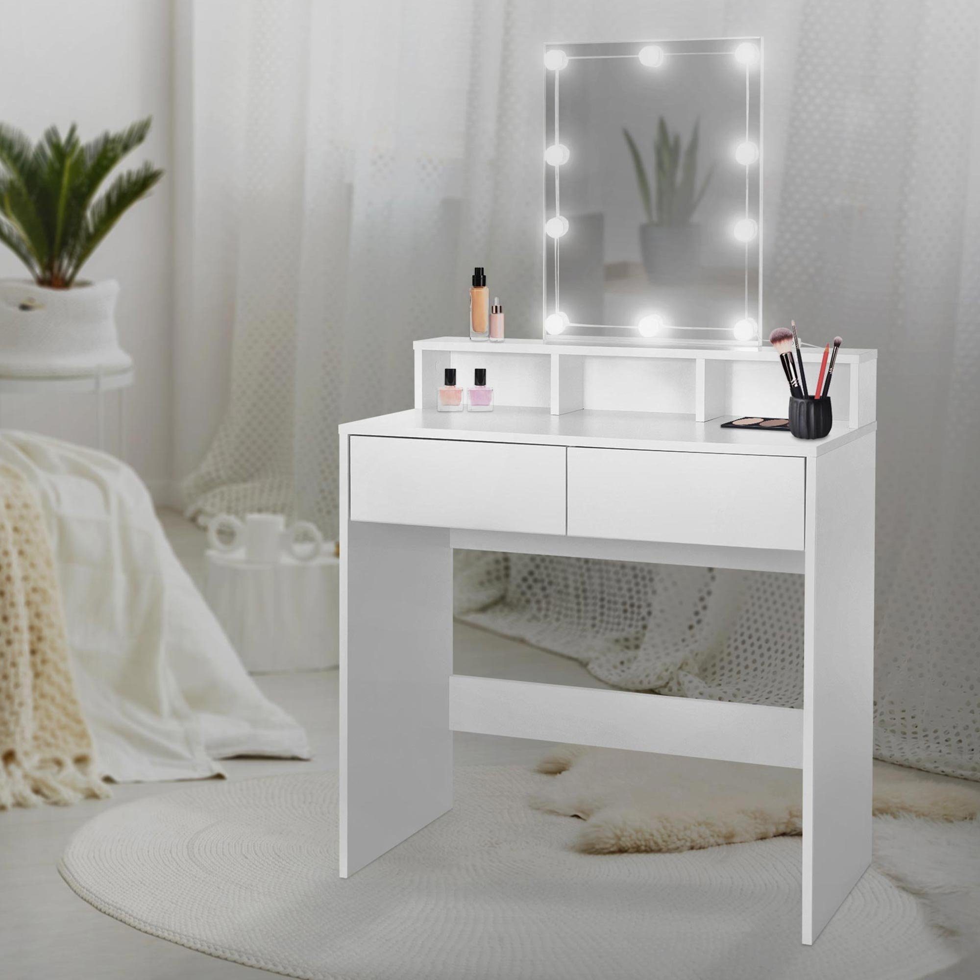 ML-DESIGN Schminktisch Frisiertisch Frisierkommode Schminkkommode Make-up  Tisch Kosmetiktisch, LED-Beleuchtung mit Spiegel und 2 Schubladen  80x40x140cm Weiß modern
