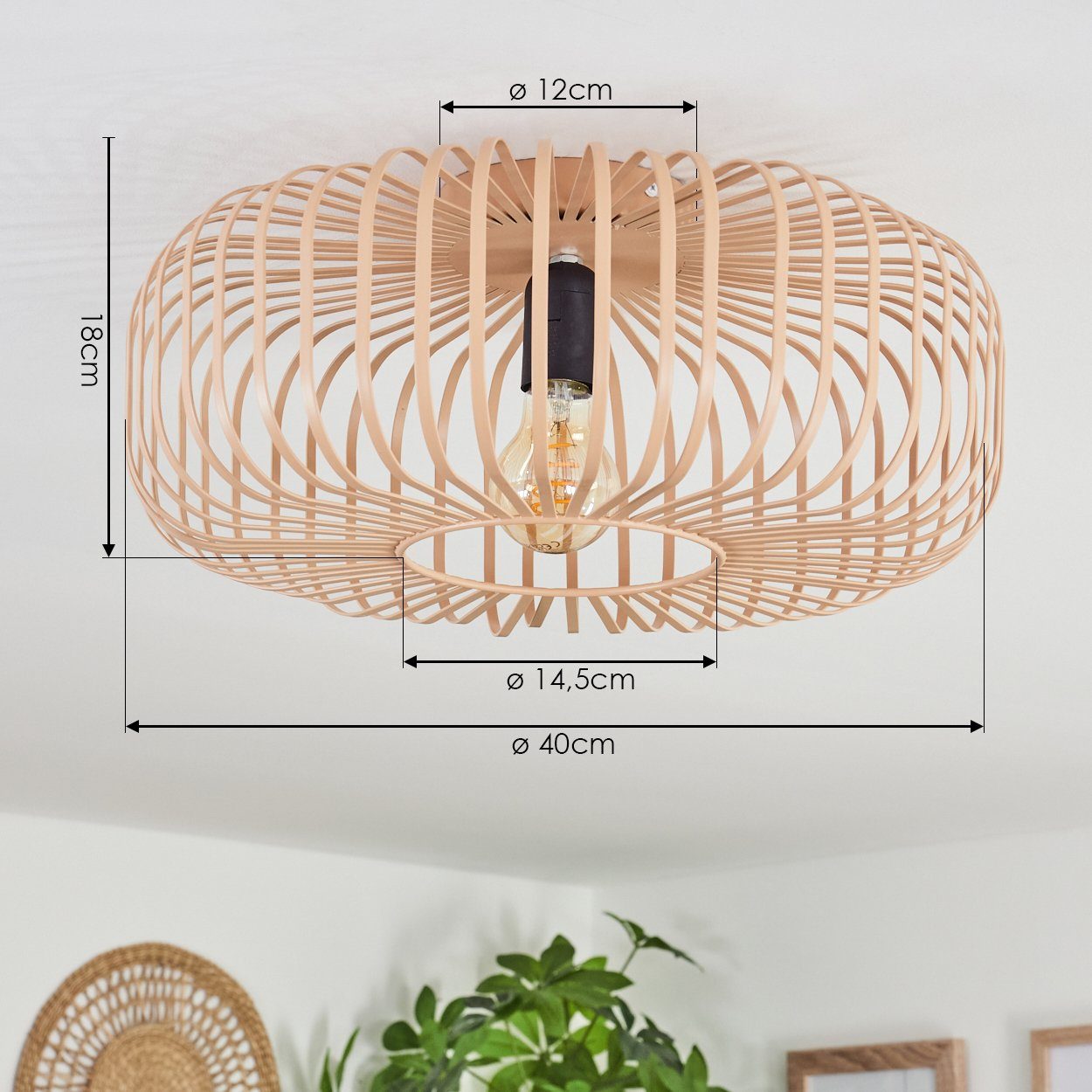 hofstein Deckenleuchte runde Deckenlampe aus Metall in Schwarz/Hellbraun/Beige, ohne Leuchtmittel, Lichteffekt durch Gitter-Optik, Ø40cm, E27. ohne Leuchtmittel – Bild 4 von 5