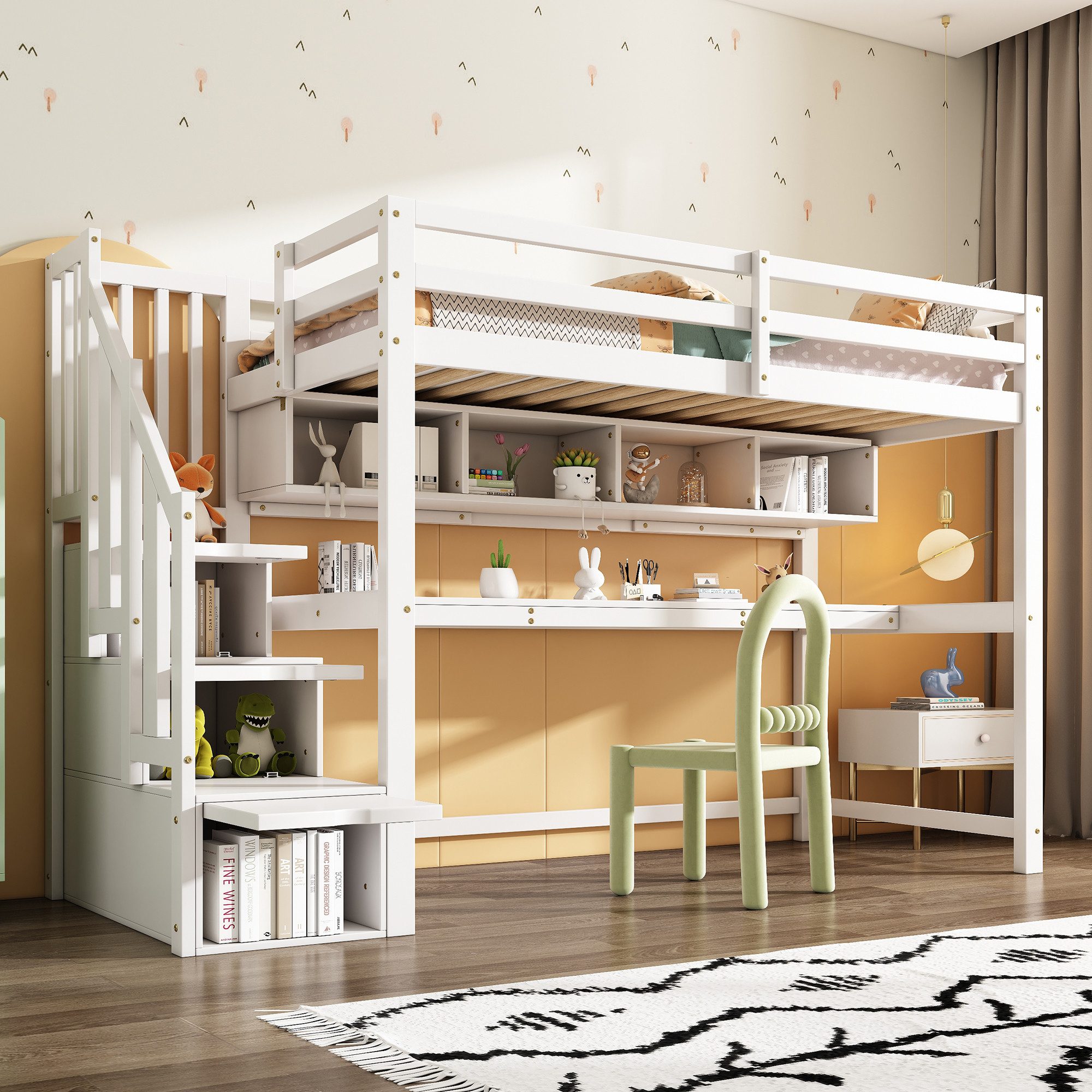 Flieks Hochbett Kinderbett mit Regale, Schreibtisch und Stauraumtreppe 90x200cm