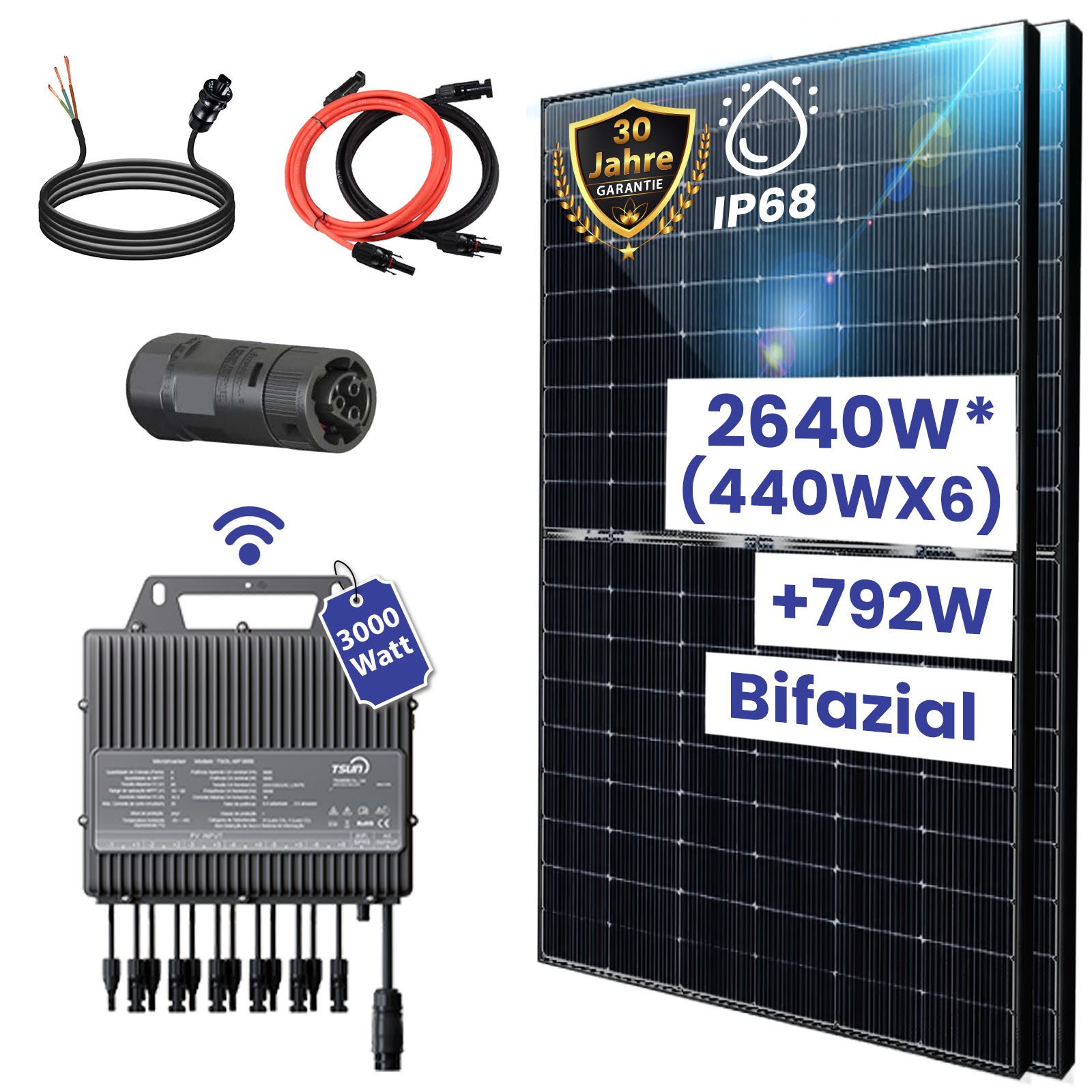 TerraLumen Balkonkraftwerk 3000W/2640W Bifazial Komplett-Steckdose, 2640,00 W, Monokristallin, (6x 440W Bifaziale Solarmodule, mit TSUN 3000W WiFi Wechselrichter), Smart Mini PV Anlage