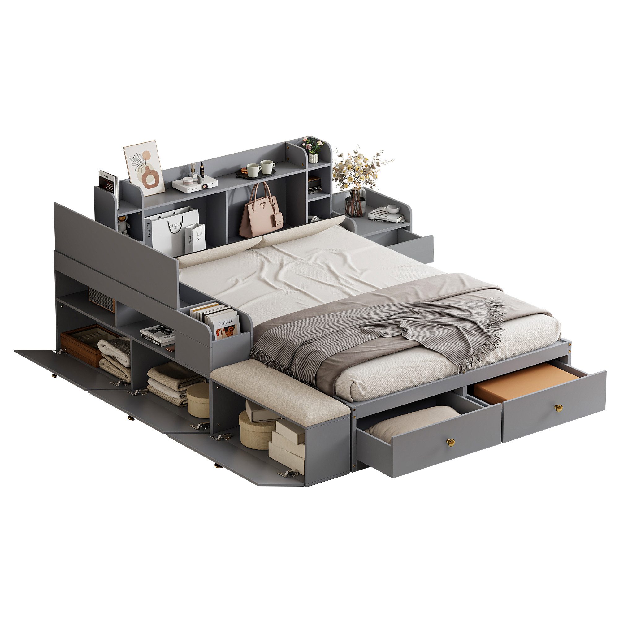 Odikalo Schlafzimmer-Set Kombi-Bett Tatami Bett Staufach Schubladen Nachttisch Schrank Sofabank
