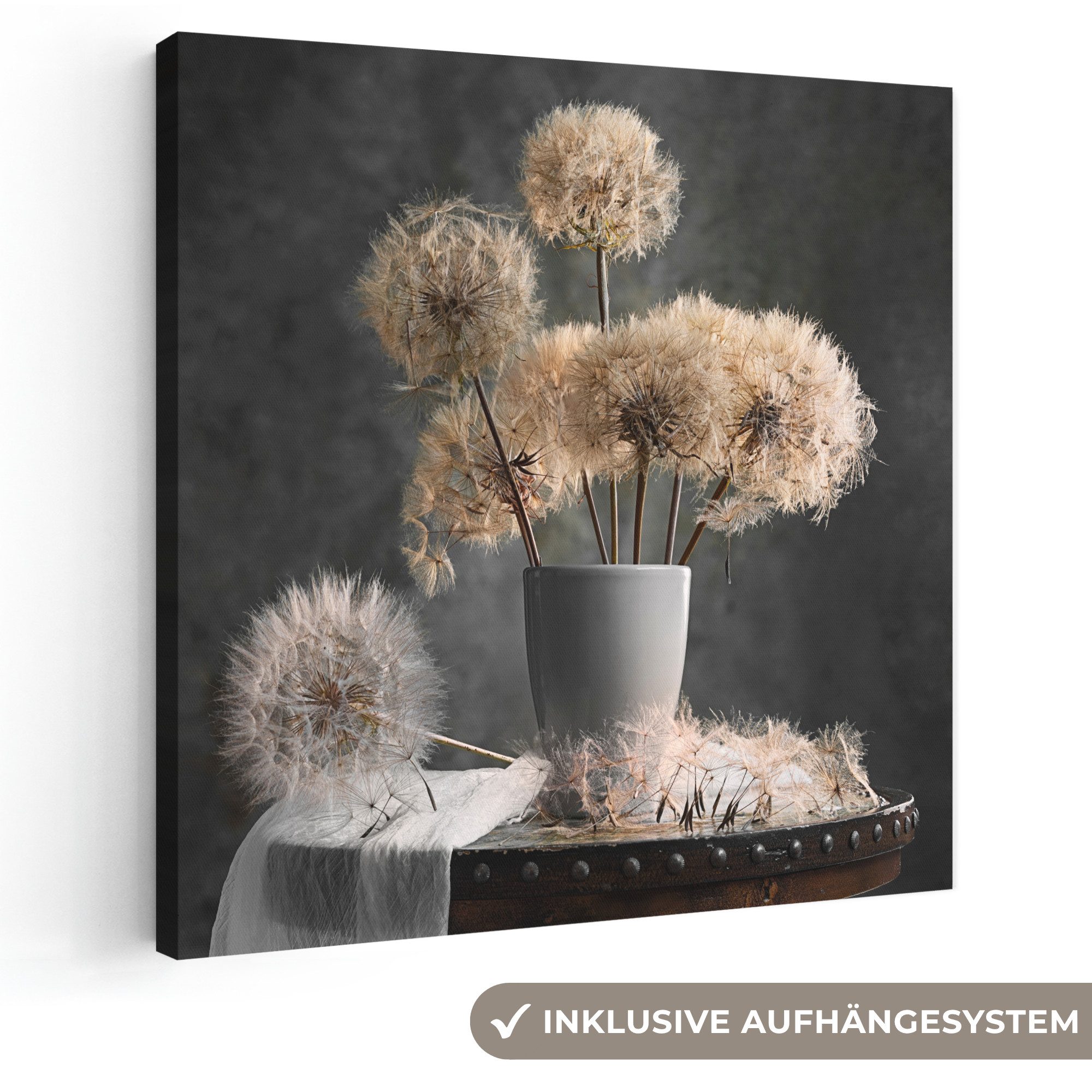 OneMillionCanvasses® Leinwandbild Blumensamen - Löwenzahn - Vase - Stilleben - Blumenstrauß, Fotodruck (1 St), Wandbild, Deko Schlafzimmer Wohnzimmer Flur 20x20 cm