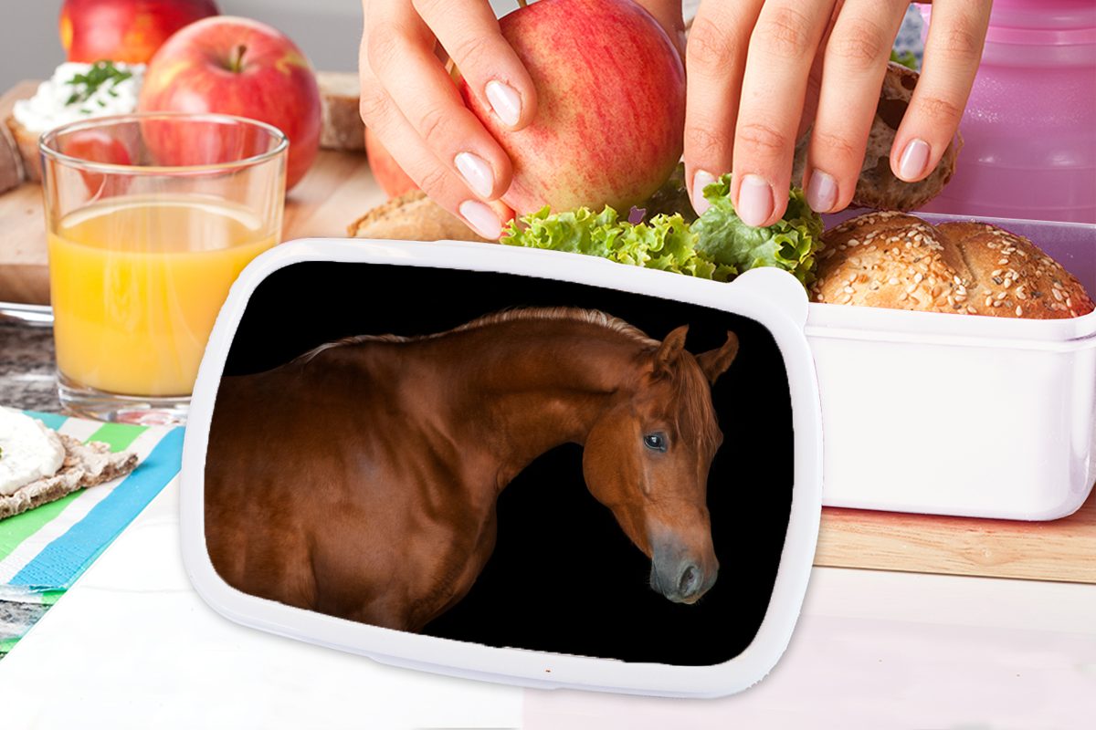 MuchoWow Lunchbox Pferd - Schwarz für (2-tlg), Jungs - Erwachsene, Mädchen Kinder für Kunststoff, Brotbox Braun, und und Brotdose, weiß